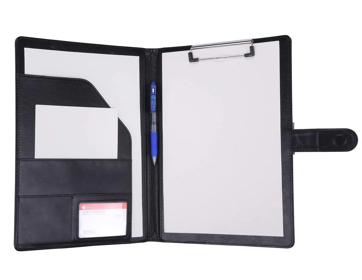 Carpeta Portadocumentos A4 Carpeta con Pinza piel,Portapapeles para Carta estándar de Papel A4, Bloc de notas,Portafolios de cuero sintético con bolsillo interior (Negro)