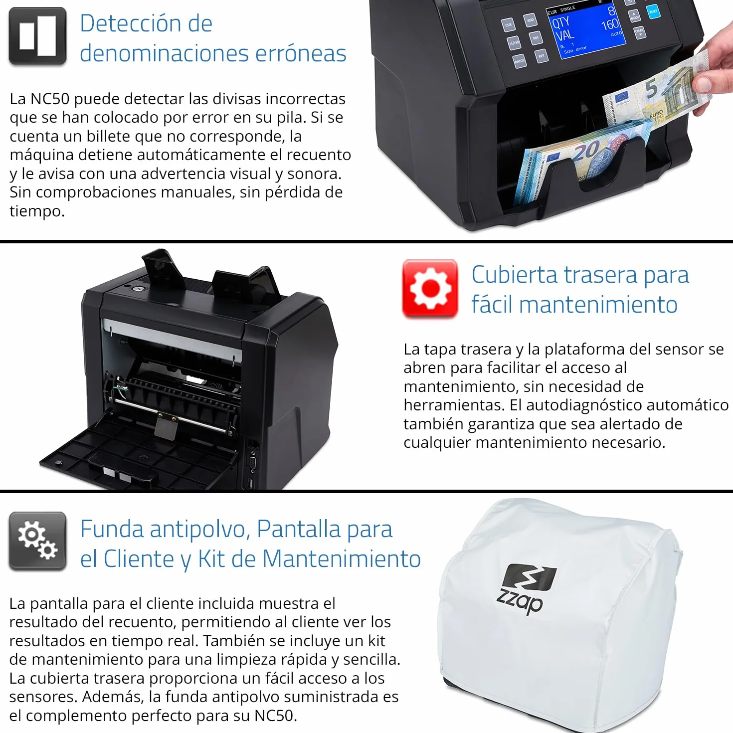 ZZap NC50 Contadora de Billetes y Detector de Falsificaciones - Contadora de Valor para Denominaciones Mixtas - Máquina de Efectivo
