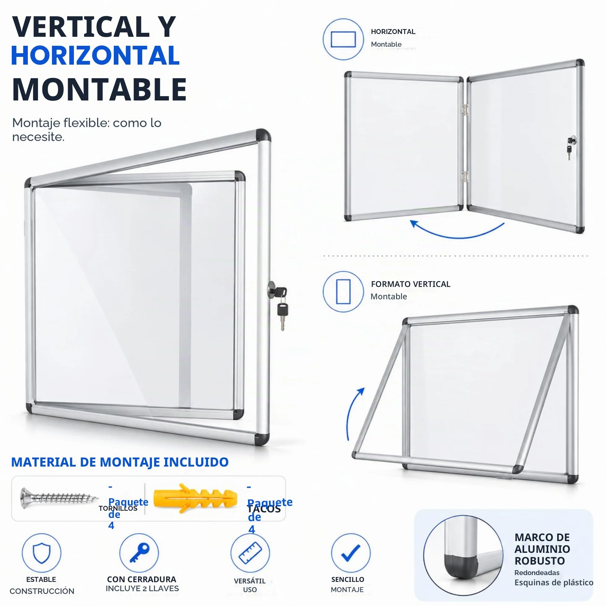 OfficeMarshal Vitrina de 9 x A4 con 18 imanes, caja de información para colgar, magnética, pared posterior para escribir, con marco de aluminio