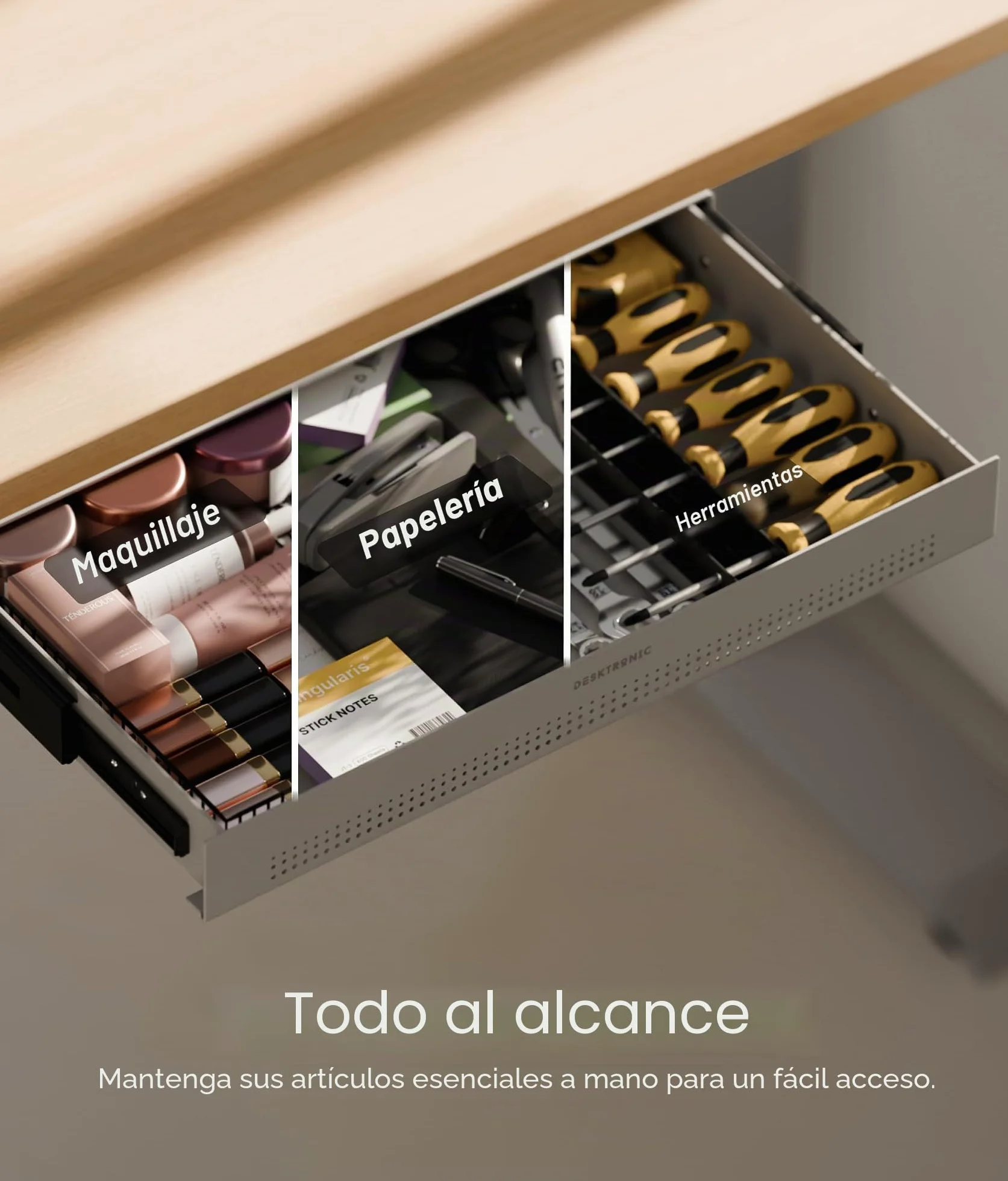 Desktronic Cajón de Escritorio – Organizador oculto bajo escritorio, cajón de almacenamiento, fácil instalación, ahorra espacio, gran capacidad, metal, para oficina y tocador, estructura resistente