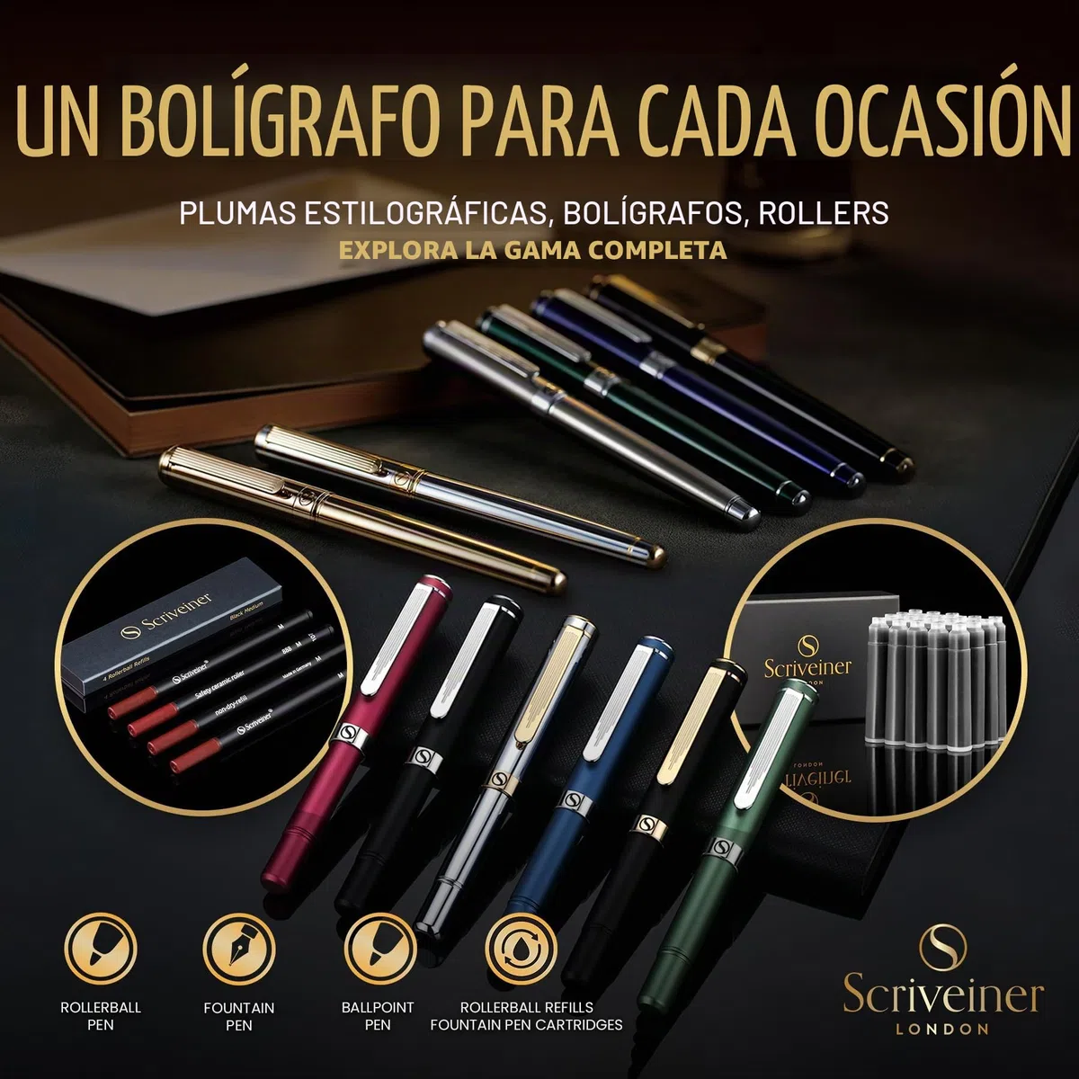 Scriveiner Bolígrafo Rollerball EDC Negro de Lujo, Chapado en Oro Auténtico, Recambio Schmidt Alemán