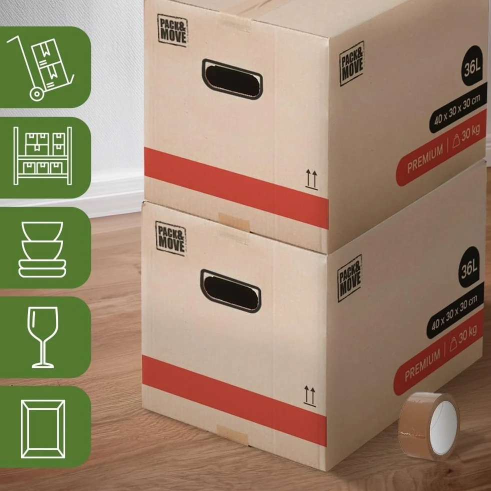 Pack and Move – Lote de 60 cajas para mover libros premium – 40 x 30 x 30 cm – Extrema resistencia 30 kg – Asas reforzadas – 3 adhesivos