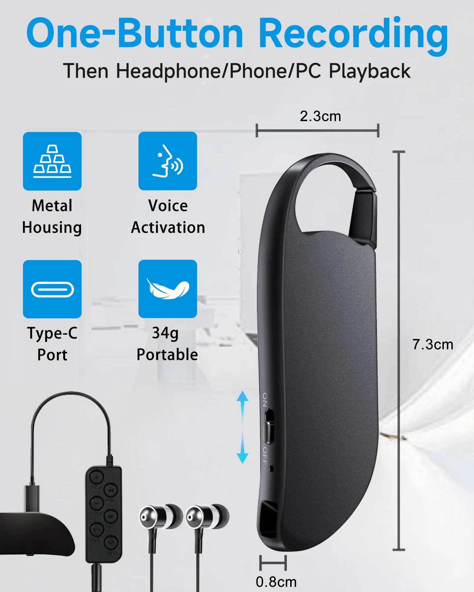 Mini Grabadora Digital 64GB HD con Activación por Voz y MP3, Reducción de Ruido, Batería Recargable, USB-C