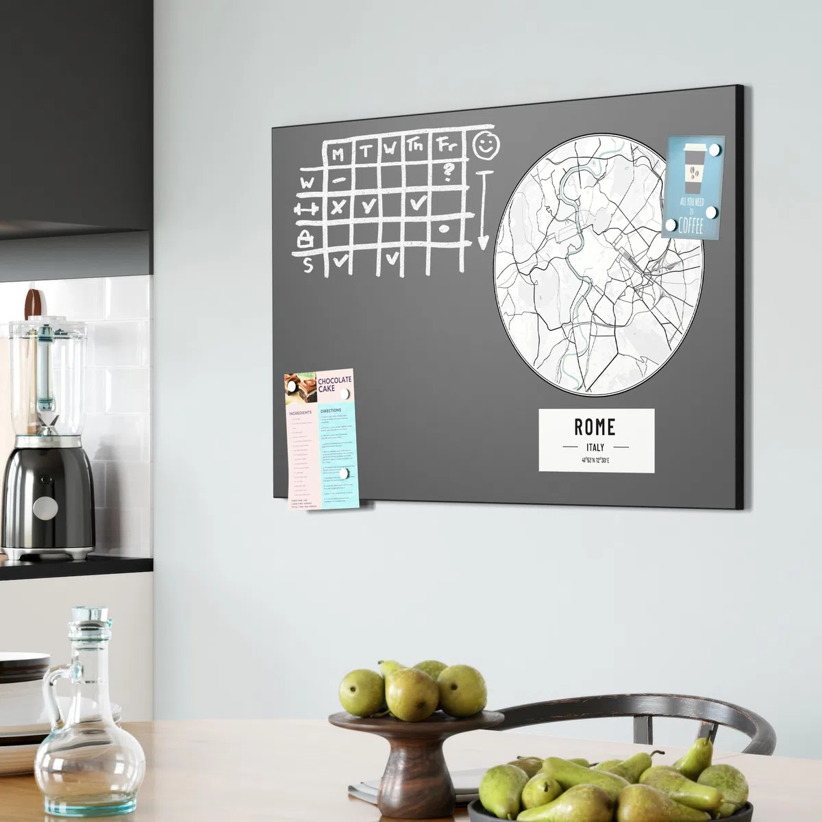 DEQORI Pizarra magnética con impresión UV, diseño "mapa de la ciudad", diseño rectangular, 90 x 60 cm, tiza metálica para escribir, decoración de pared para cocina, pasillo, habitación infantil y