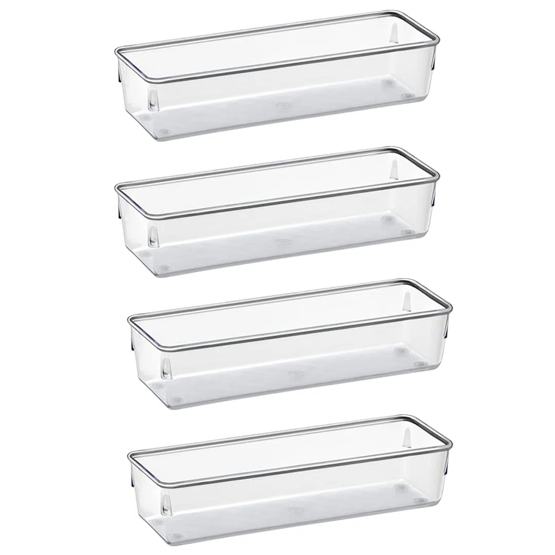 Acrimet Organizador de Cajón Modular, Bandejas de Almacenamiento en Caja para Oficina, Hogar, Maquillaje, Cocina, Cajón de Trastos (4 Piezas) (Plástico Transparente de Cristal)
