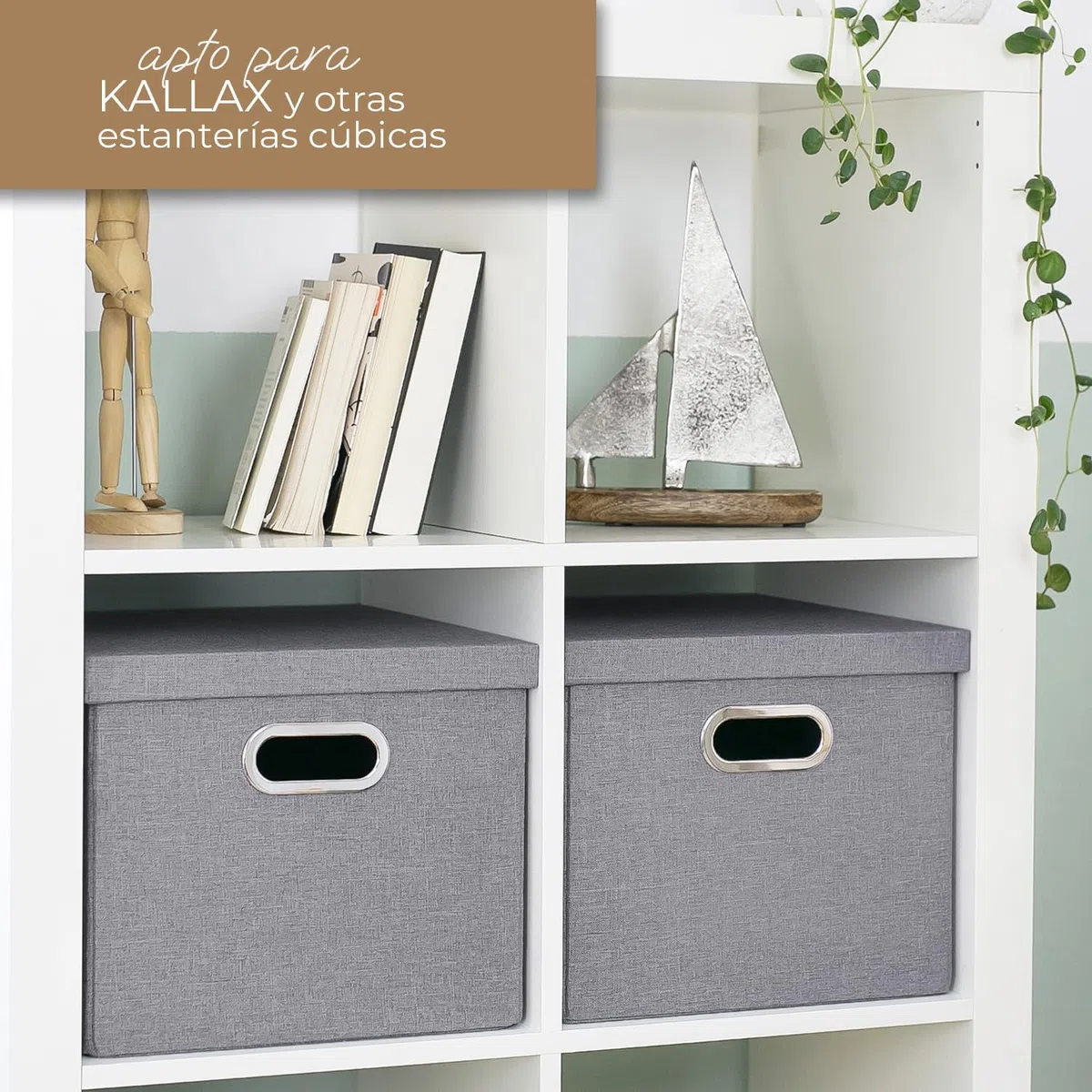 HMF Caja de almacenamiento con tapa para carpetas colgantes DIN A4 | Apto para Kallax | 33 x 37,5 x 28 cm | Gris