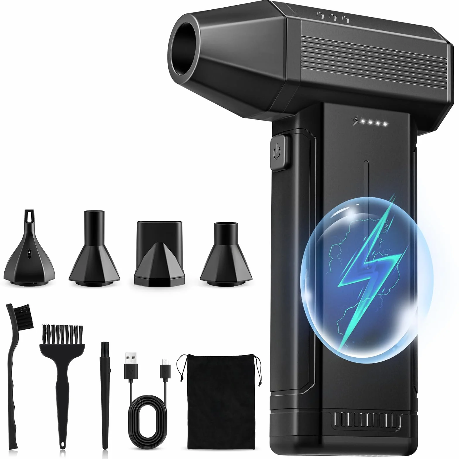 Soplador de Aire Potente con Luz LED, 6000 mAh 3 Velocidades 150000 RPM Soplador de Aire Comprimido Limpieza PC, Aire Comprimido Eléctrico Portátil Air Duster para Laptop, Coches, Sofás