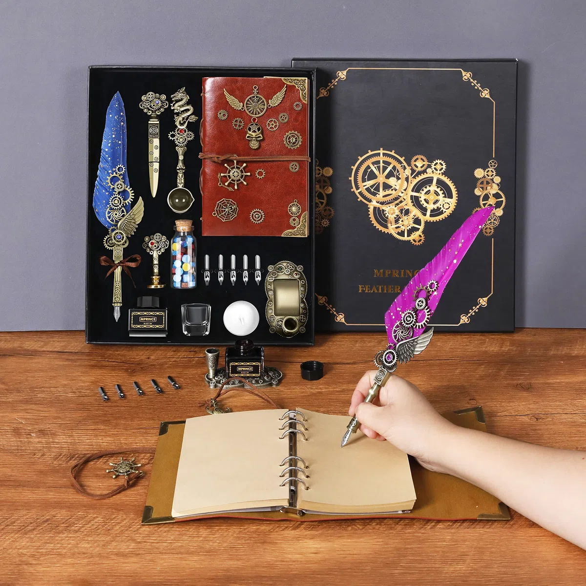 Juego de pluma de tinta de cuero cuaderno con pluma quill, 5 plumas intercambiables, sello de sello, cuchara, perlas, cera blanca, soporte para bolígrafos, taza, sobre, papelería (azul), Regalos