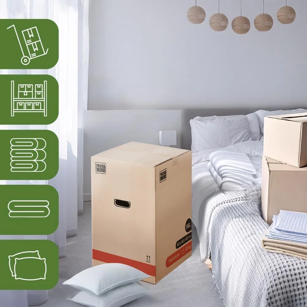 Pack And Move – Lote de 40 cajas de mudanza premium – 40 x 40 x 60 cm – Extrema resistencia 25 kg – Reutilizables – Doble grosor – Asas reforzadas – 2 adhesivos disponibles