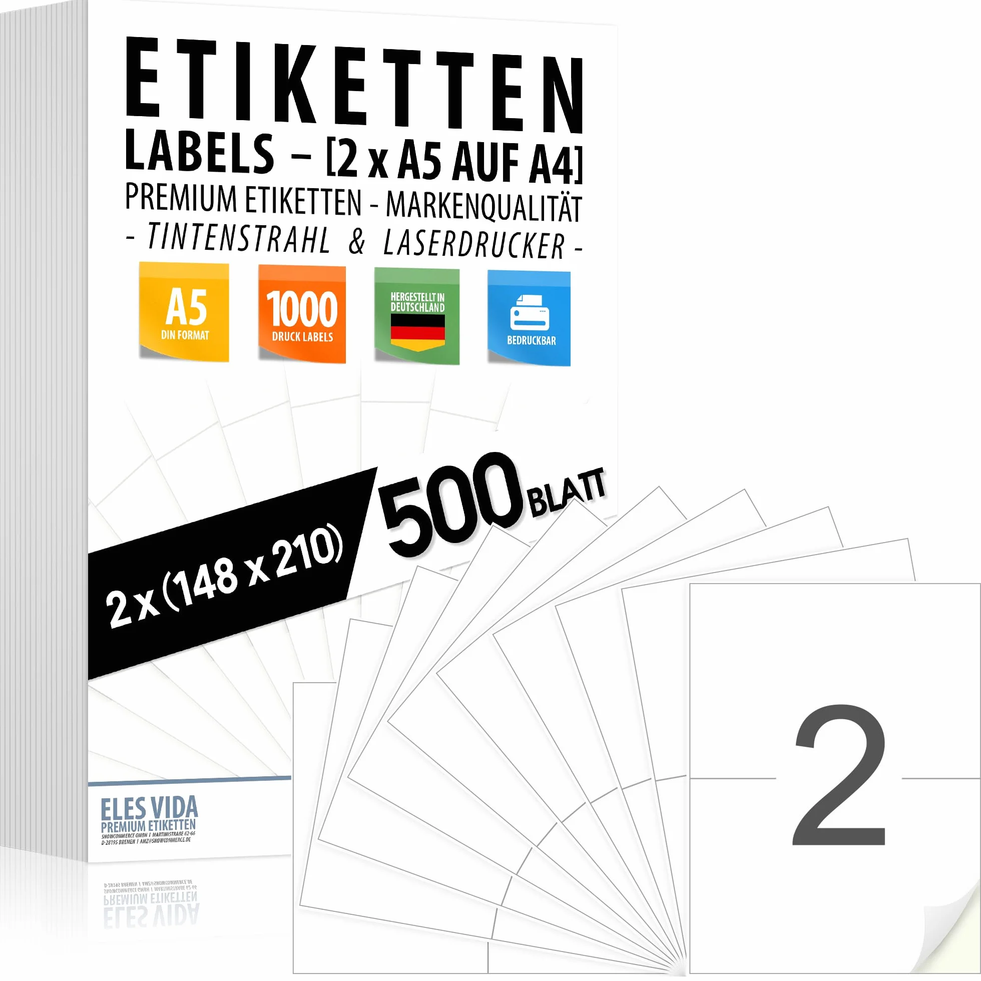 Etiquetas autoadhesivas DIN A5 (2 por hoja A4) 210 x 148 mm, imprimibles, superficie blanca mate, compatibles con impresoras de inyección de tinta y láser, pegatinas para muchos sectores - Fabricado