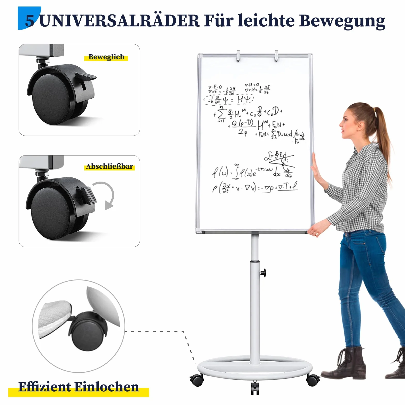 maxtek Pizarra Blanca Con Soporte, 90 X 60 cm Pizarra Caballete, Papel Para Rotafolio MóVil Con Gancho, MagnéTico Para Escribir, Altura Ajustable, 1 Borrador, 3 Marcadores Y 6 Imanes