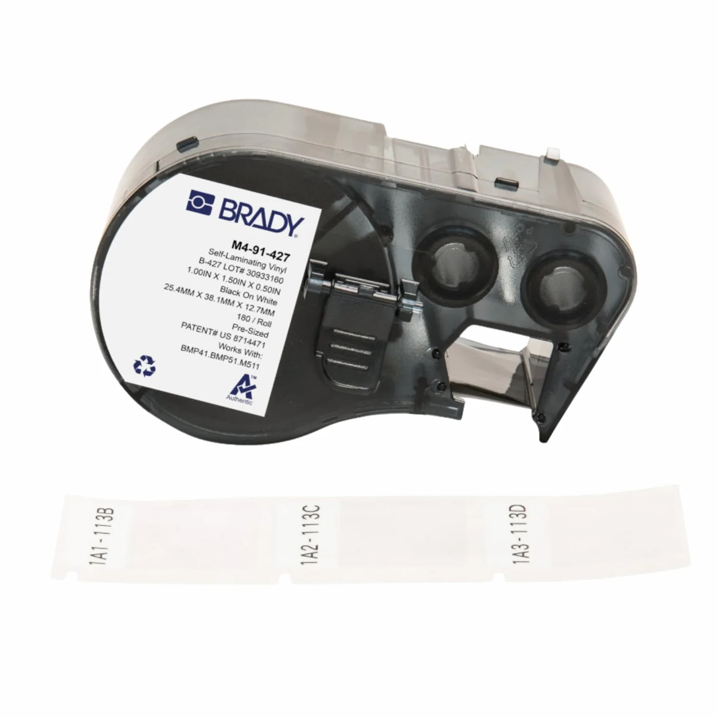 Brady Cinta Vinilo B427 – M410/M510/M511, Negro sobre blanco, 25.40 mm x 12.70 mm – M4-91-427