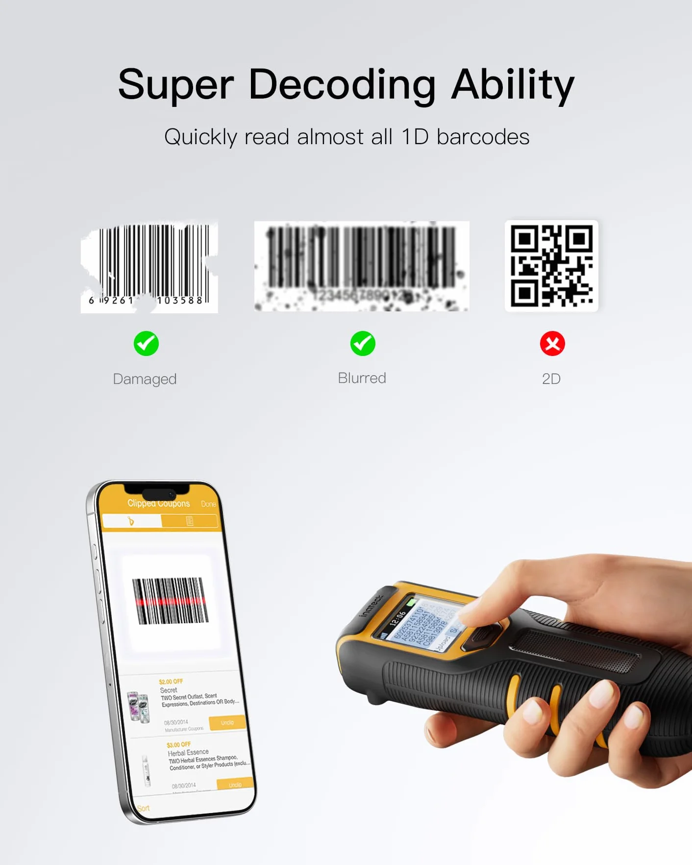 Inateck Lector de Códigos de Barras Inalámbrico Portátil 1D con Pantalla, Batería 1000 mAh de Larga Duración, 105 g, con App y SDK, Compatible con iOS Android PC POS, BCST-49