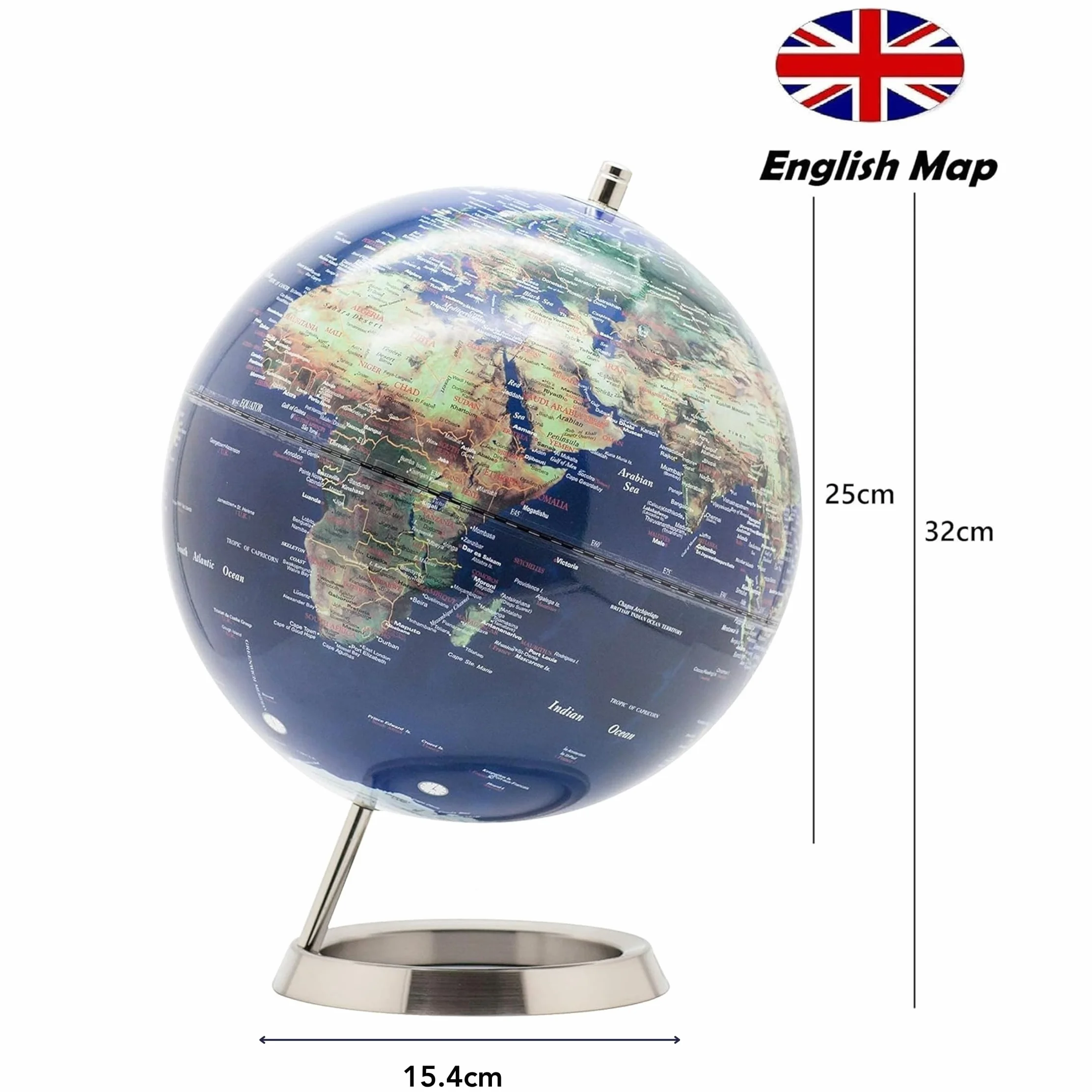 Exerz 25cm Globo Terráqueo - en Inglés - Decoración de escritorio educativa/geográfica/moderna - Con una base de metal (25cm Azúl Marino)