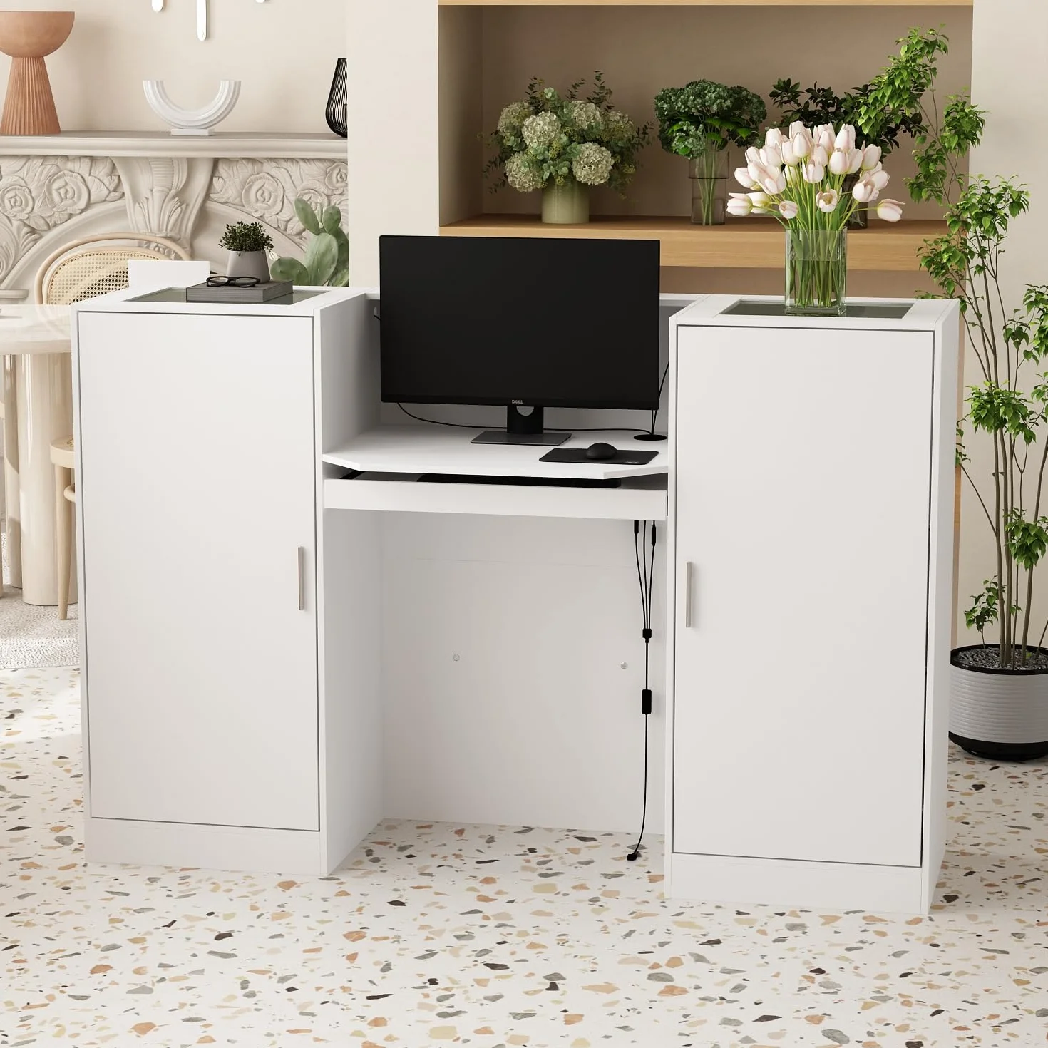 Mesa de recepción blanca con barra de luz, 2 armarios y 1 cajón de teclado, 150 x 52 x 100 cm