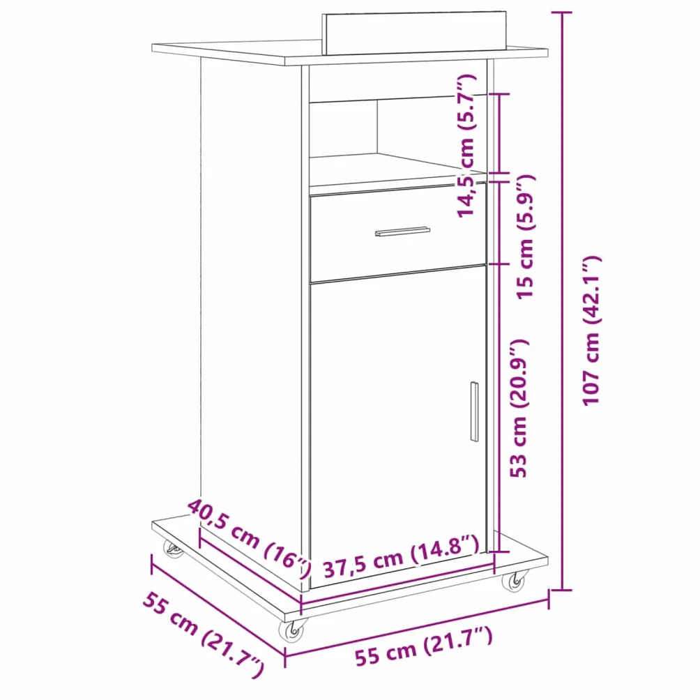 Atril con ruedas y cajón, madera de roble ahumado, 55 x 55 x 107 cm, placa superior inclinable, 2 compartimentos, ruedas con bloqueo, para oficina, estudio, presentaciones