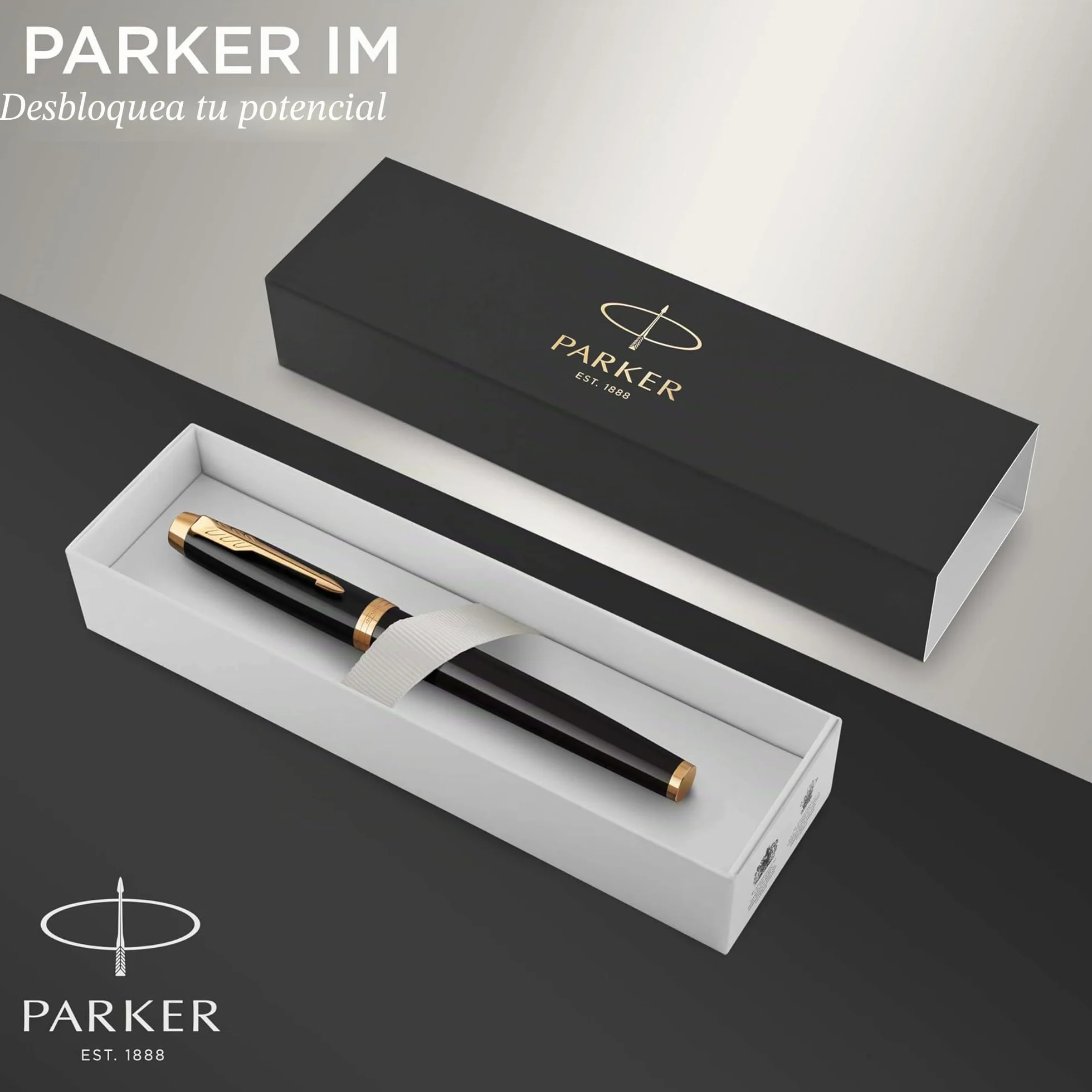 Parker IM pluma estilográfica | lacada en negro con adorno dorado | plumín fino y recambio de tinta azul | en estuche de regalo