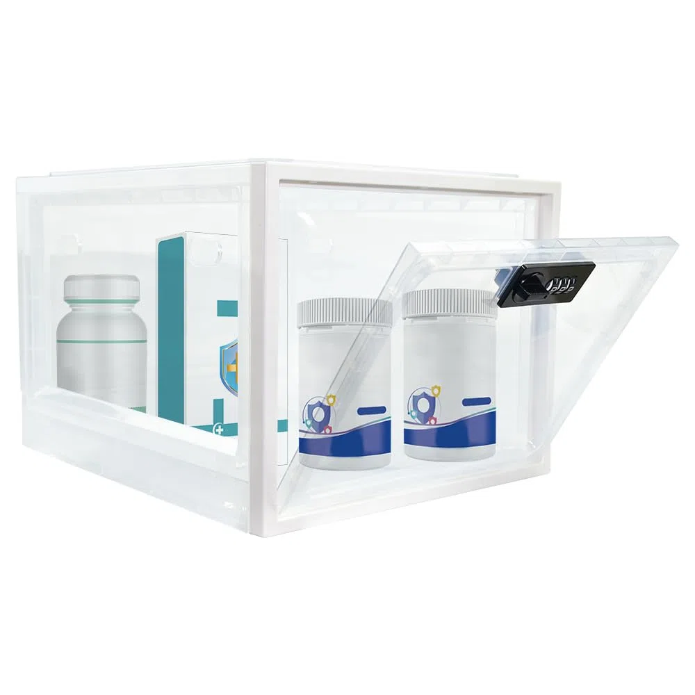 ADERTOS Caja de Almacenamiento con Cerradura Caja de Bloqueo de Medicamentos Cajas de Bloqueo Transparente Box de Seguridad para Medicamentos, Alimentos, Aperitivos, Teléfono (Blanco)