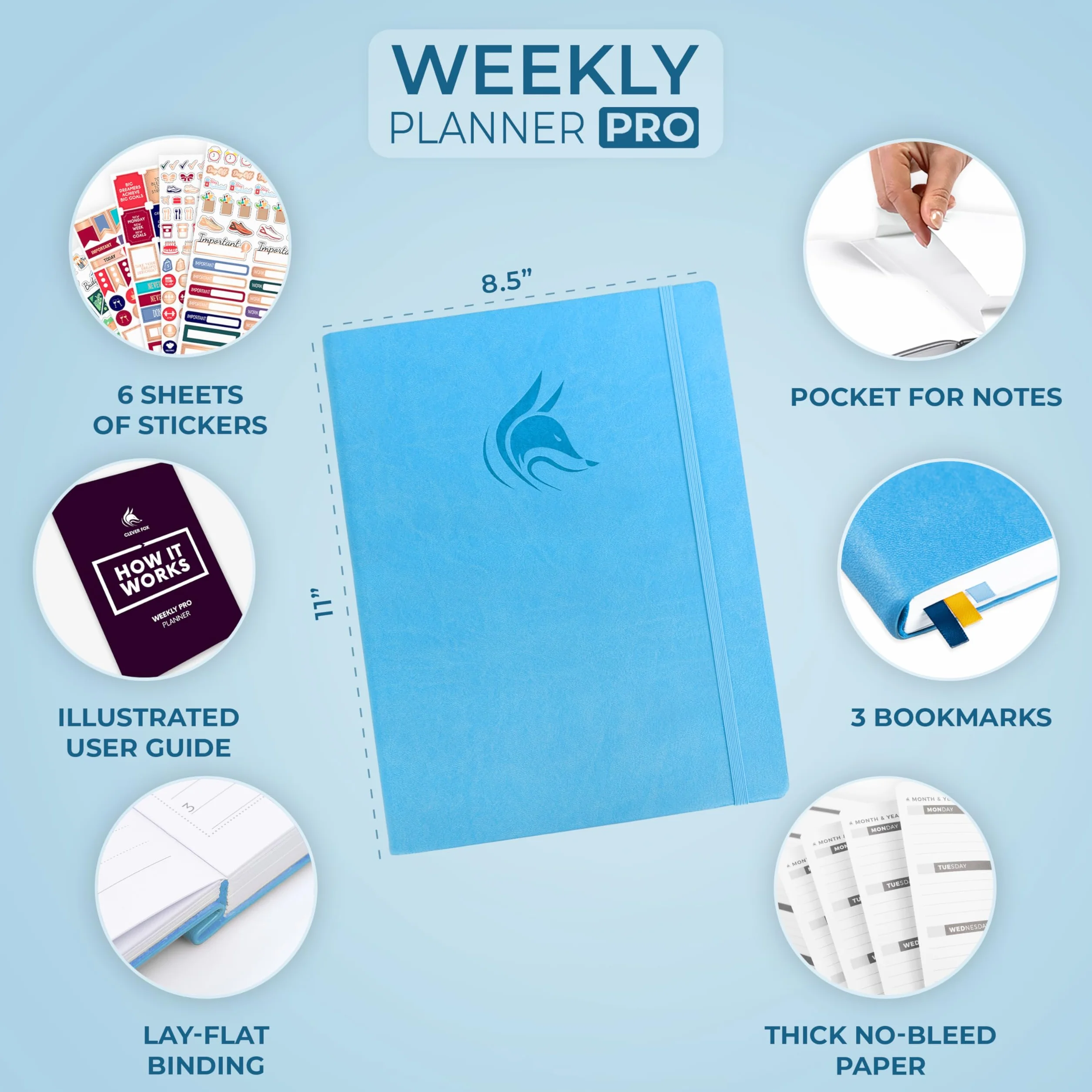 Clever Fox Planificador PRO - Organizador Personal de Vida Semanal y Mensual para Mejorar la Productividad, la Gestión del Tiempo y Alcanzar Tus Metas - A4, Sin fechas 1 Año - Azul