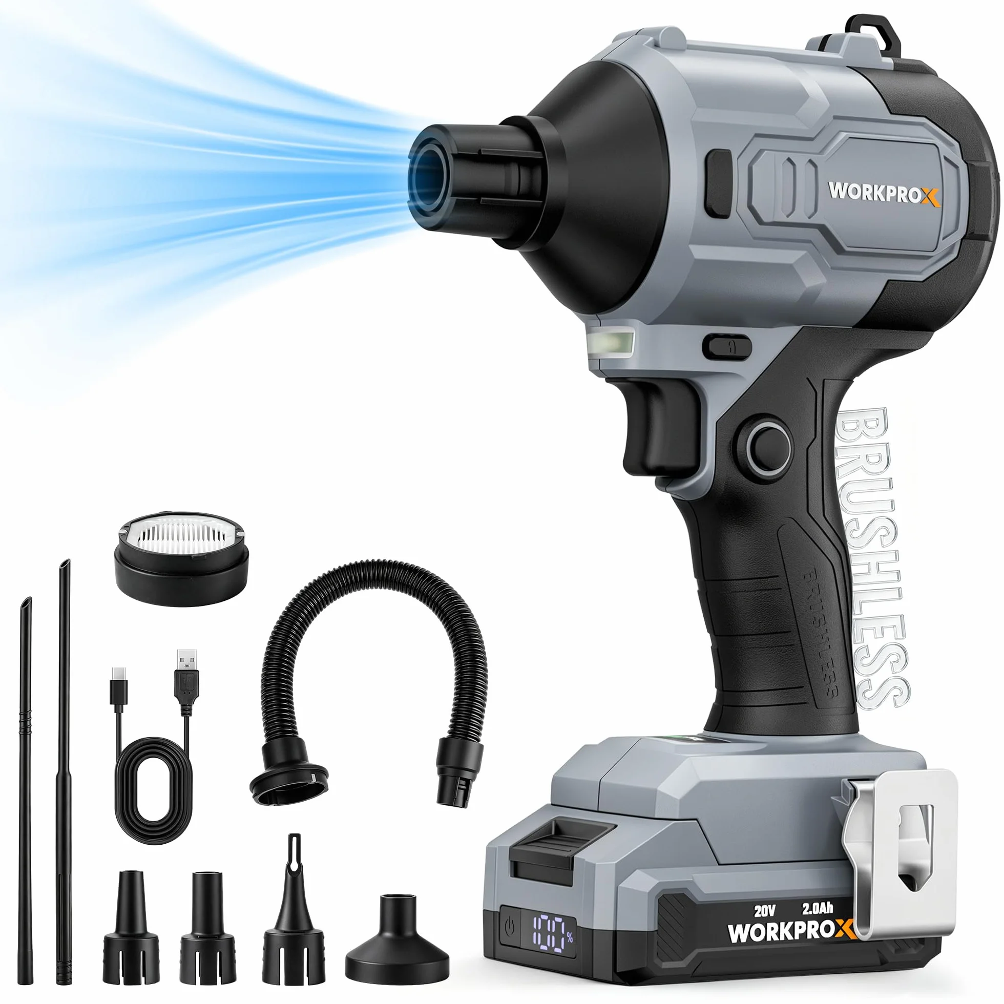 WORKPROX 20V Soplador de Aire Potente con Motor Sin Escobillas | Soplador Eléctrico con Batería Recargable de 2 Ah, 470 MPH, 4 Niveles de Velocidad, Función de Soplado/Aspiración, Luz LED