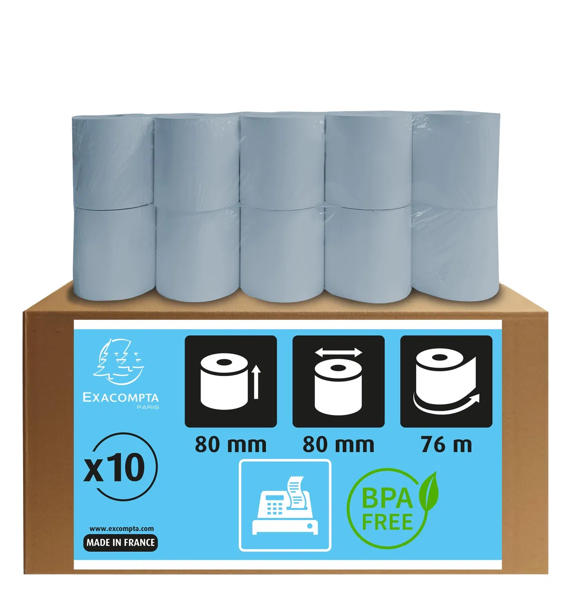 Exacompta - Ref. 43918E - Caja de 10 bobinas para billetes de caja - ancho 80 mm x diámetro 80 mm - mandril de 12 mm - Safe Contact larga conservación sin fenol - Metraje (+/-2m): 76 m
