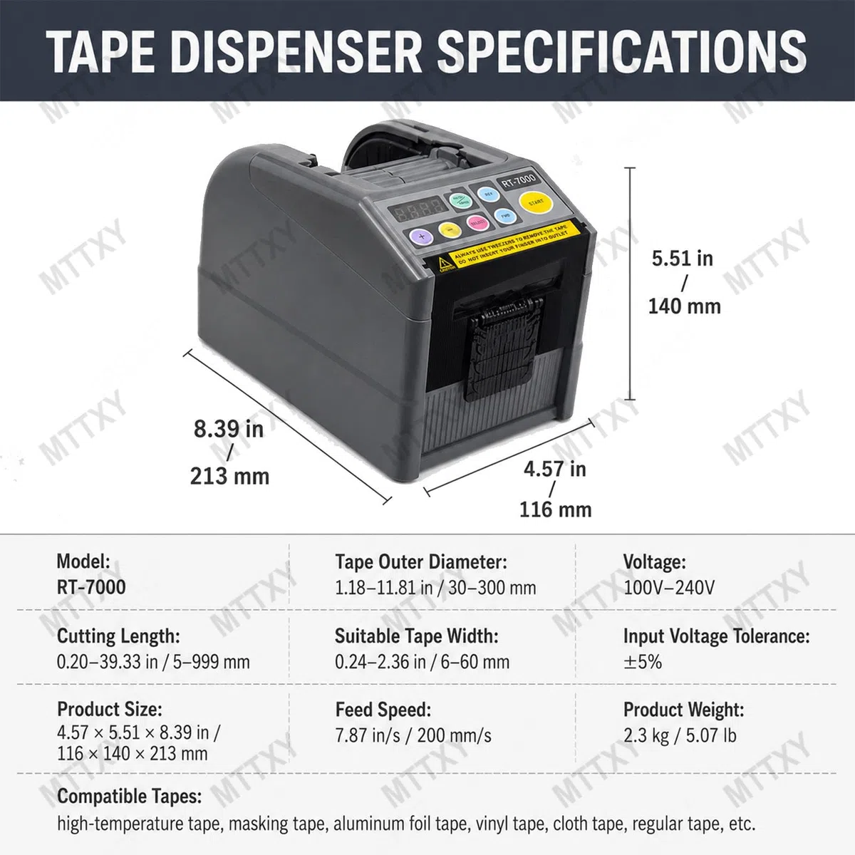 Dispensador Eléctrico de Cinta, 6-60 mm, Auto/Manual | Corte hasta 999 mm con engranaje de silicona antideslizante y pantalla LCD para oficina, almacén y embalaje.