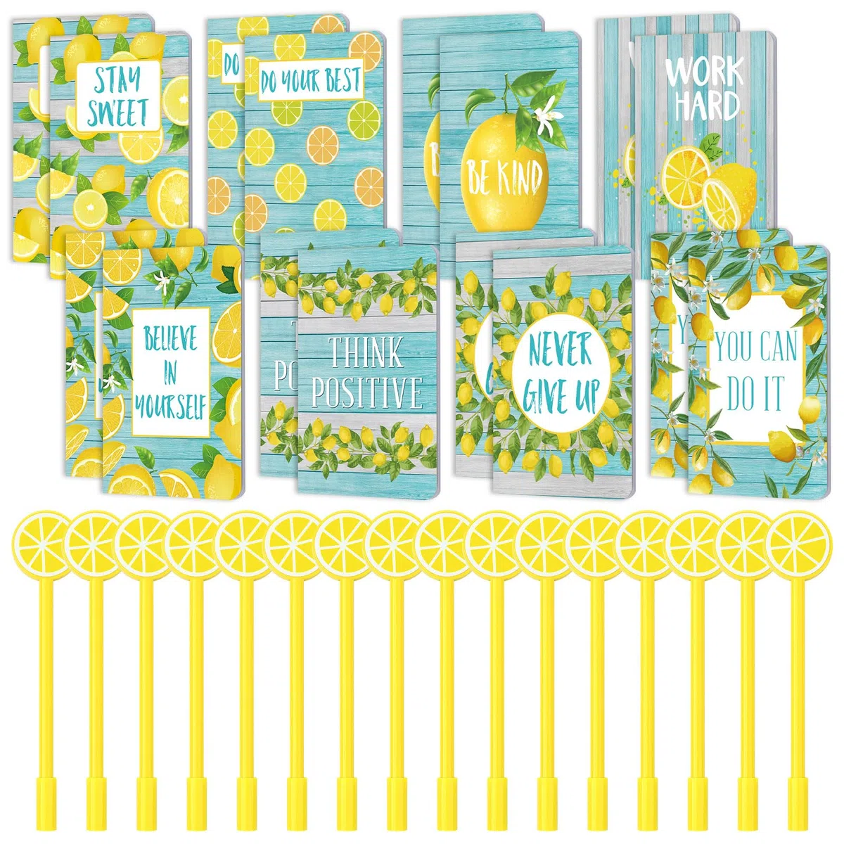 MotiMind Juego de 16 mini cuadernos de bolsillo de limón con bolígrafo en forma de limón, planificador de diario a granel para regreso a clases, fiesta de graduación, suministros escolares, oficina,