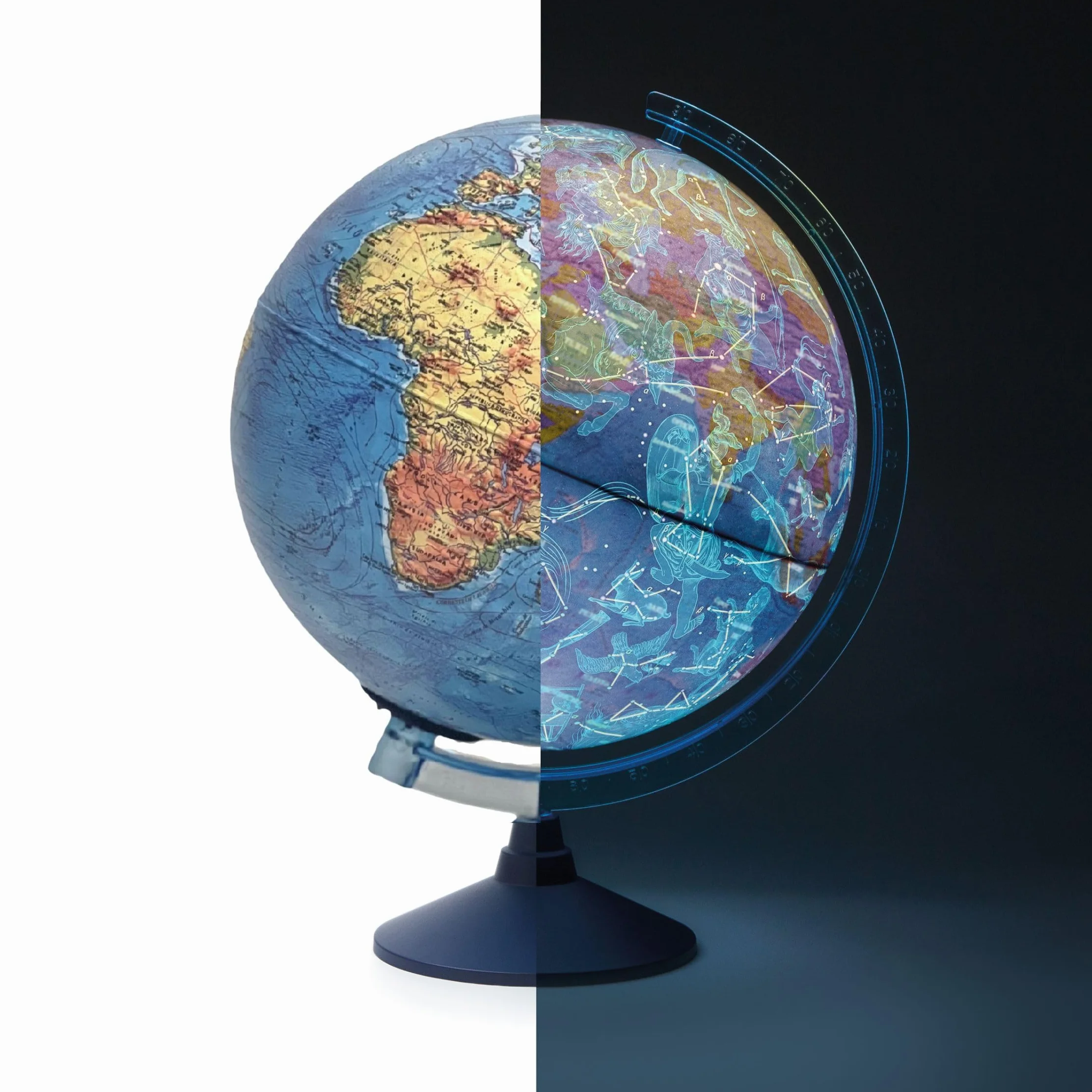Exerz 21cm Globo terráqueo iluminado - Mapa en inglés - Mapa físico Diurno/Constelación de estrellas con iluminación (21 cm nuevo)