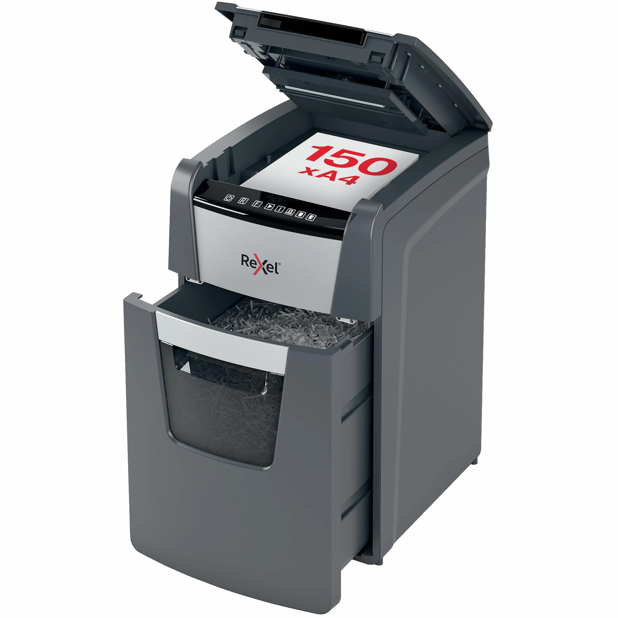 Rexel 2020150XEU - Destructora de Papel Automática Optimum AutoFeed 150X, Corte en Partículas P-4 (4x28 mm), 150 Hojas A4, Papelera Extraíble 44L, Destruye Grapas y Clips, Uso en Oficina