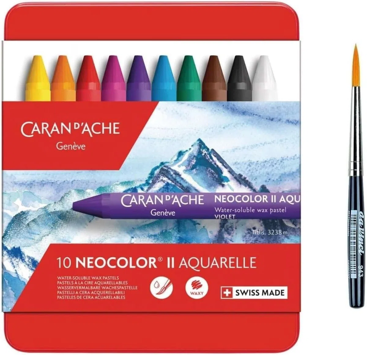 Caran d'Ache Neocolor II, Pasteles de cera acuarelables, Lápices de cera Aquarellables - Juego de 10 y 1 pinceles