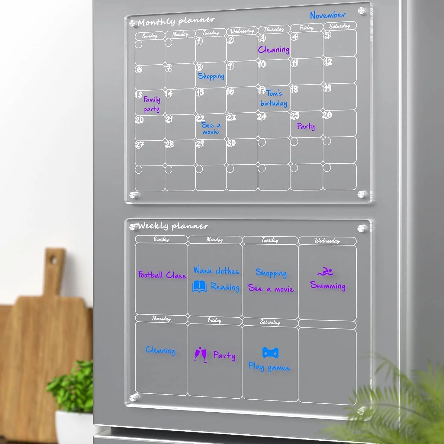 Calendario Mensual Magnético Borrable para Refrigerador, Acrílico Transparente