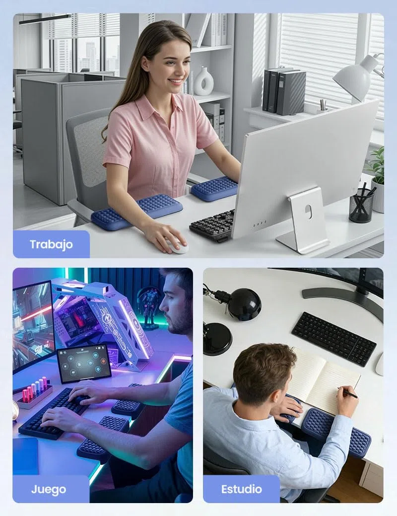 VAYDEER Juego de 2 Almohadillas de Codo en Forma de L — Cojines Reposamuñecas con Espuma Viscoelástica para Borde del Escritorio, Soporte Ergonómico para Muñeca y Antebrazo, Base Antideslizante (Azul)
