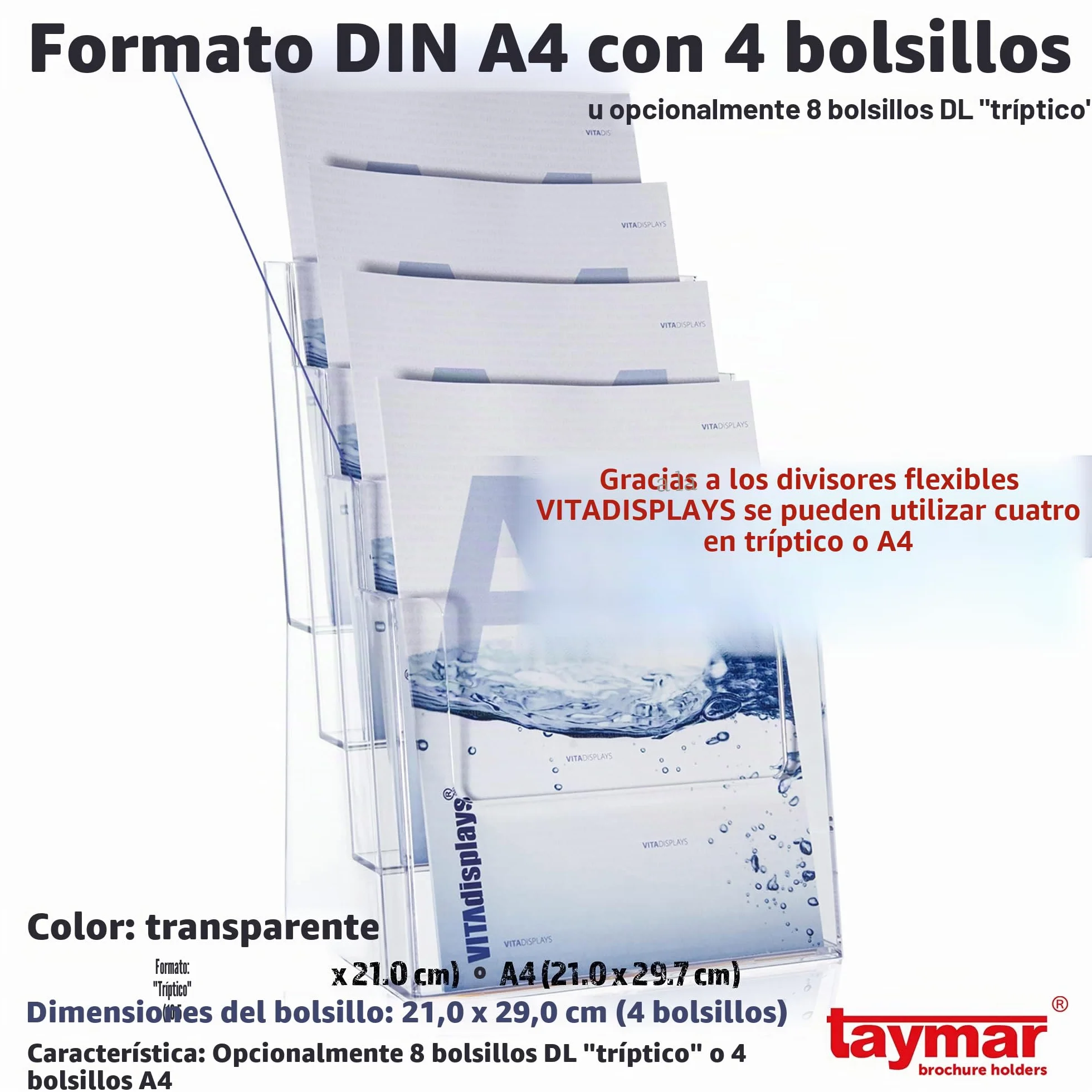 Sugerencias Taymar Soporte de mesa para folletos en formato A4, DL, 4 niveles, transparente, 8 compartimentos