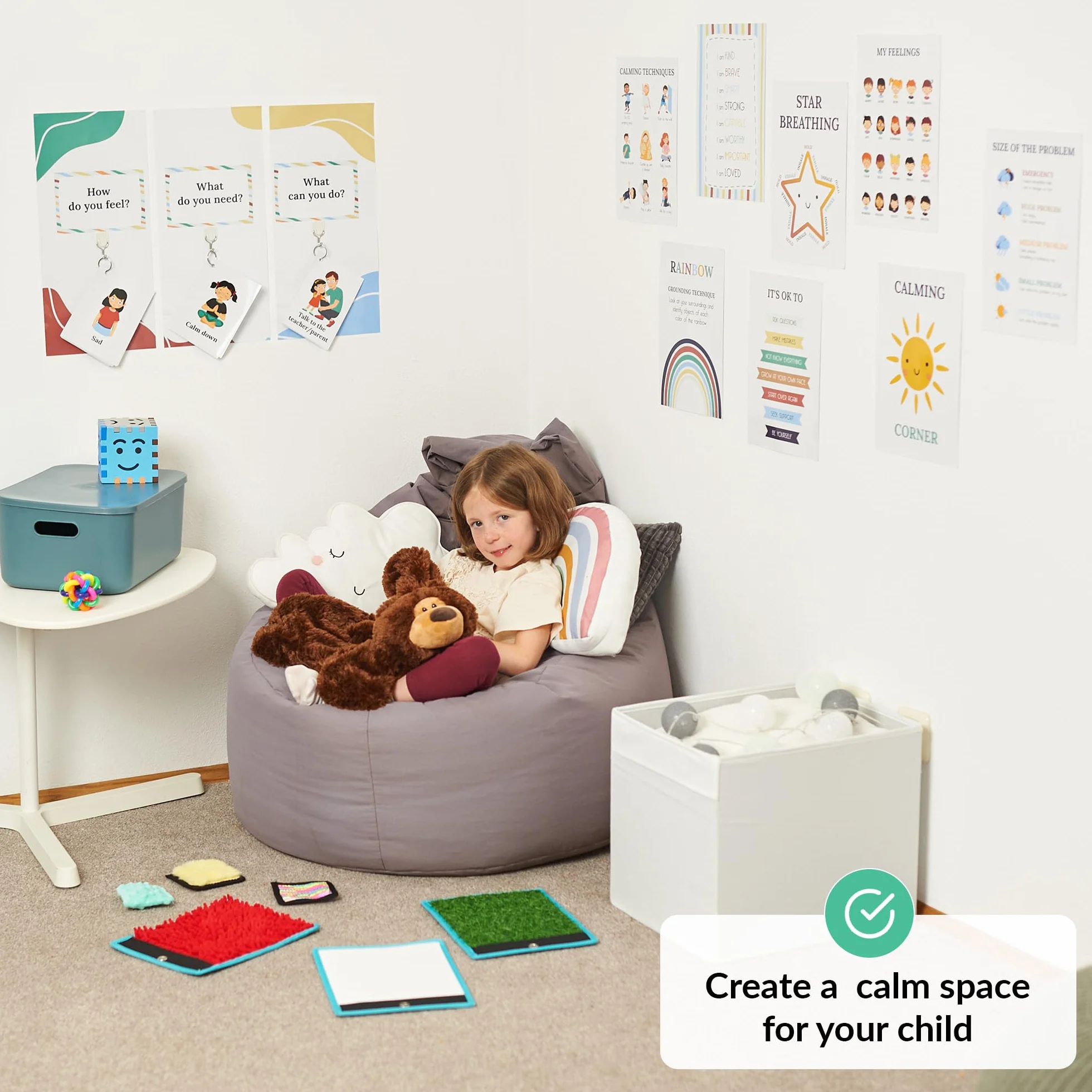ODOXIA Rincón De Calma | Artículos para Niños | Pósters Relajantes para Aulas | Kit De Rincón De Calma con Carteles, Mural De Soluciones, Objetos Y Juguetes Sensoriales | Ideal para Aulas Y Hogares