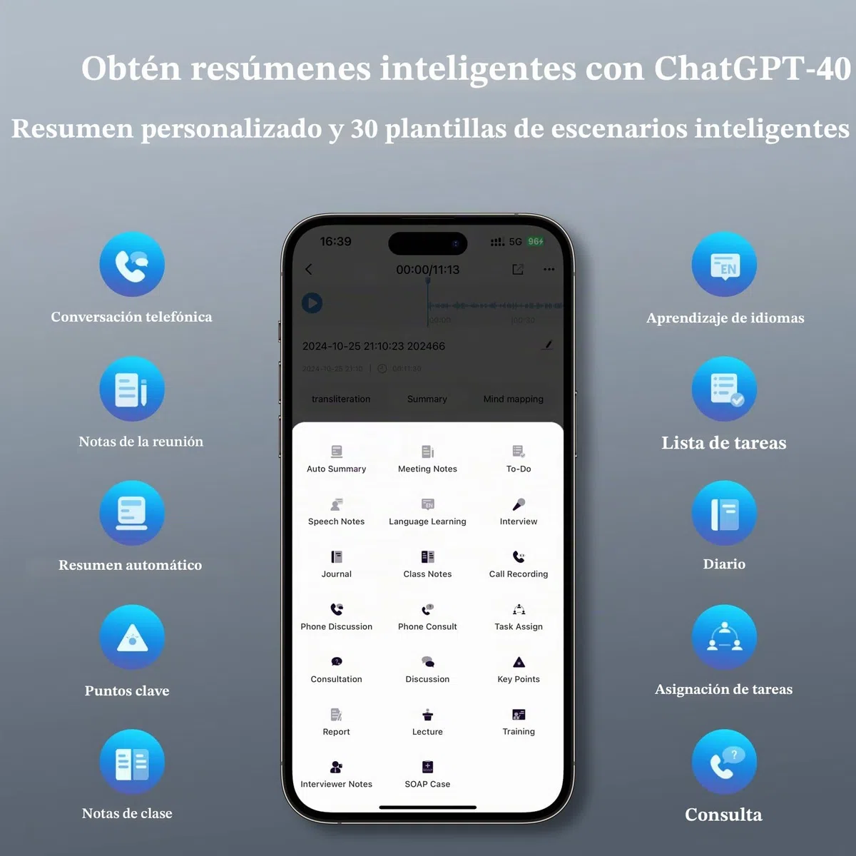 Grabadora de voz AI - Grabadora de voz sin cargo por transcripción y resumen de IA por ChatGPT, aplicación y control web, 117 idiomas, memoria de 64 GB, carga inalámbrica, grabadora de voz digital
