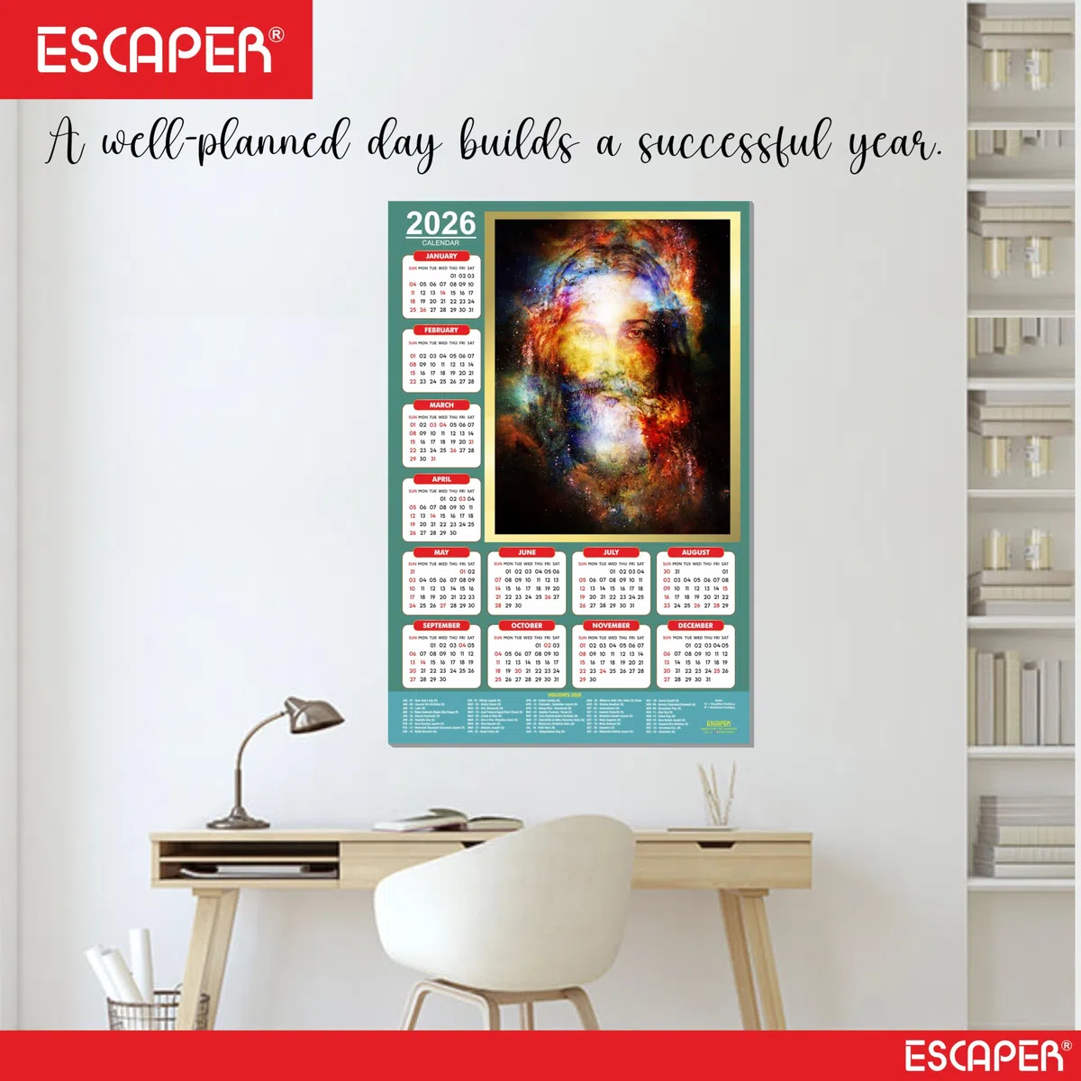 ESCAPER Calendario de pared de Jesús 2026, 12 x 18 pulgadas, calendario cristiano laminado con vacaciones indias, decoración religiosa de pared para el hogar y la oficina