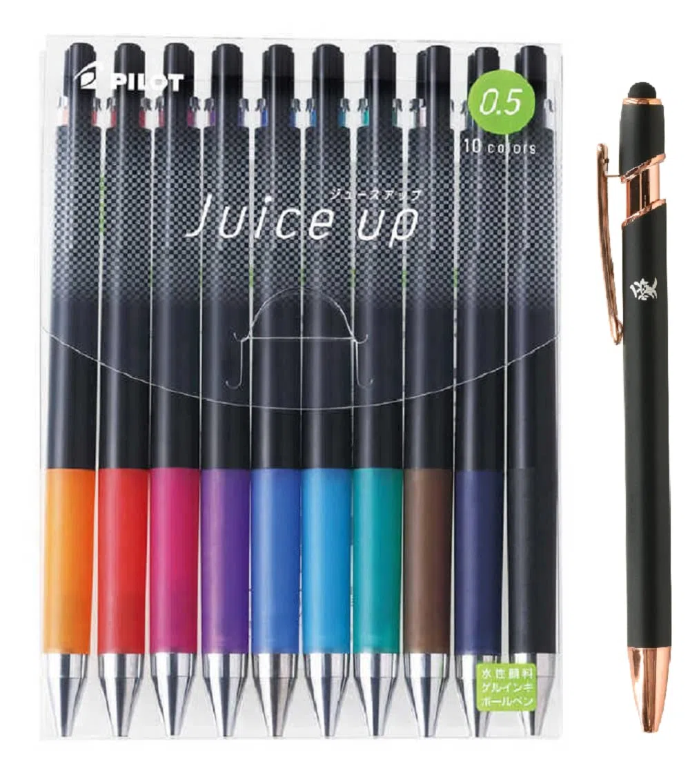 Pilot 05 Bolígrafo de gel retráctil de 0,5 mm, punta extra fina, set de 10 colores (LJP-20S5-10C) con adhesivo Kanji LOVE