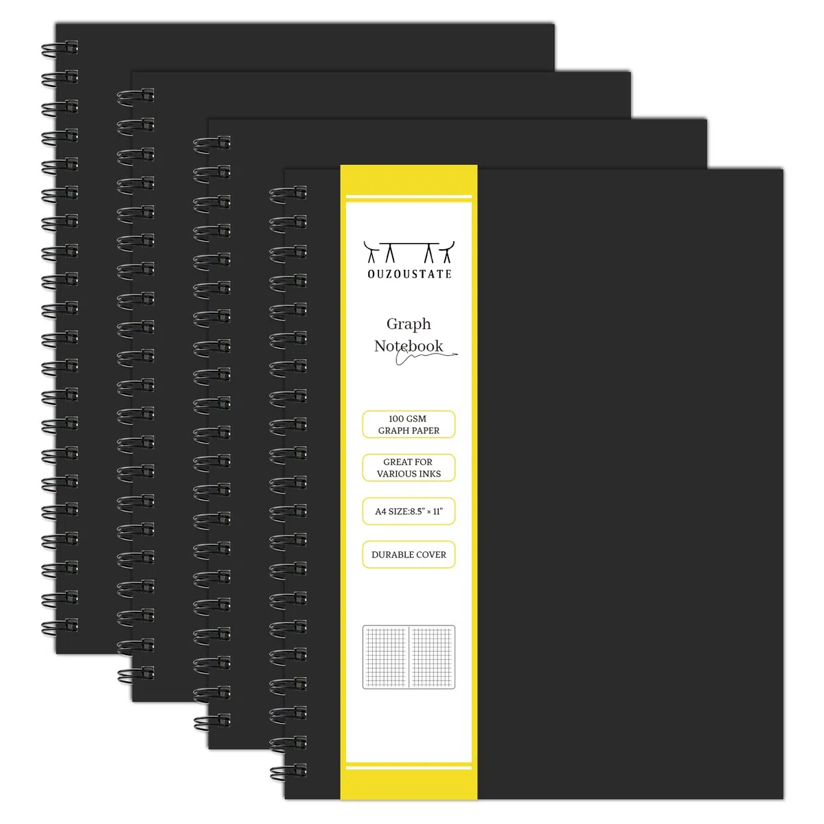 Ouzoustate Cuaderno de papel gráfico en espiral, diario de cuadrícula A4 de 8.5 x 11 pulgadas, paquete de 4 cuadernos grandes de 160 páginas de papel grueso de 3.53 oz/m² de tapa dura para tomar
