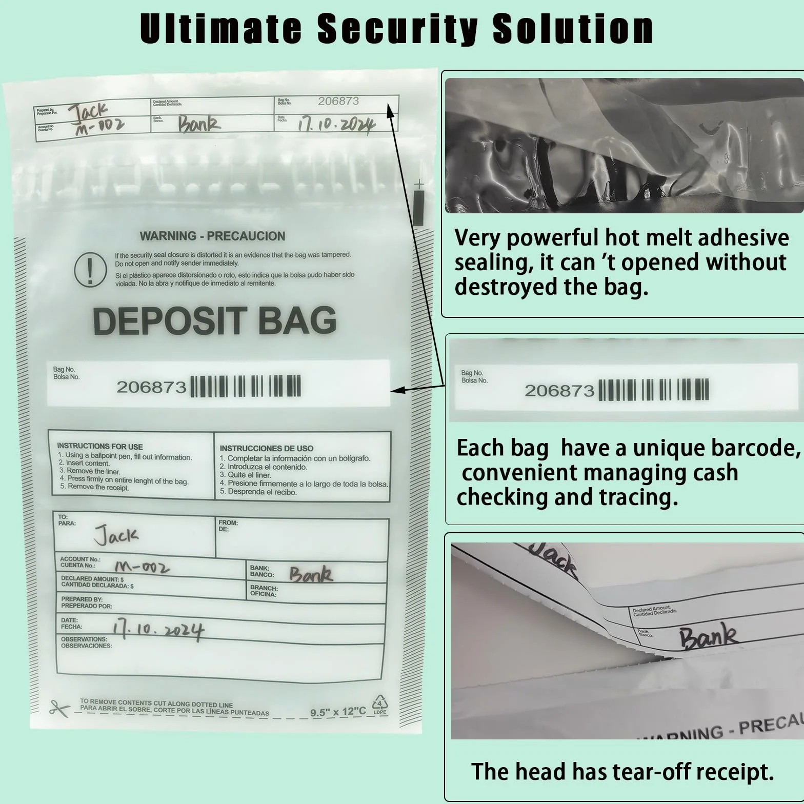 Paquete de 100 bolsas de plástico transparentes de 9 x 12 pulgadas, bolsas de depósito bancario de seguridad, bolsas de caja registradora, bolsa de dinero para dinero en efectivo, bolsillo bancario,