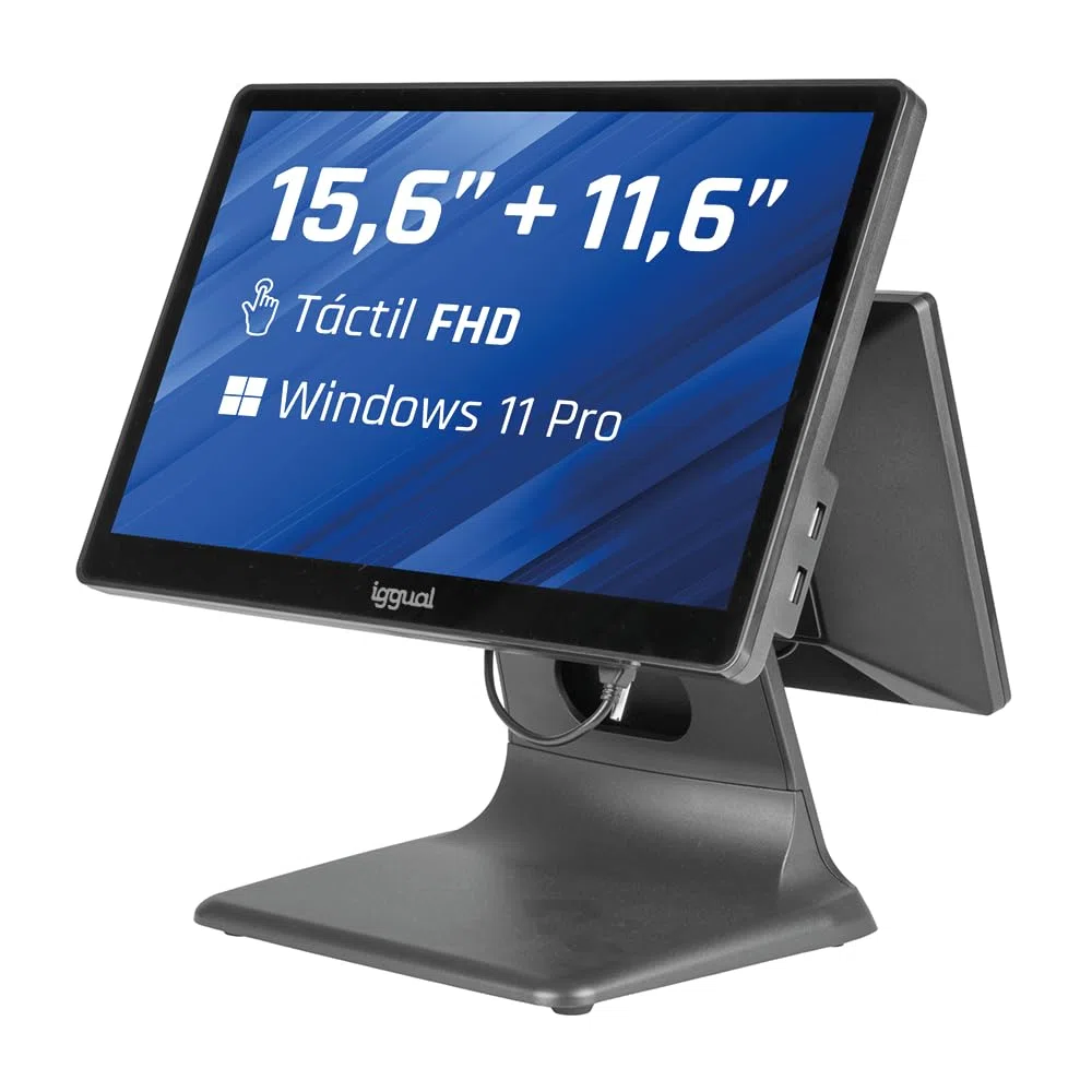 iggual TPV Dual Táctil 15,6”/11,6" Sistema Caja Registradora Completo con Doble Pantalla Windows 11 Pro WiFi 5 Ethernet Bluetooth 5.1 Procesador Intel N100 3,4 GHz Apto Verifactu