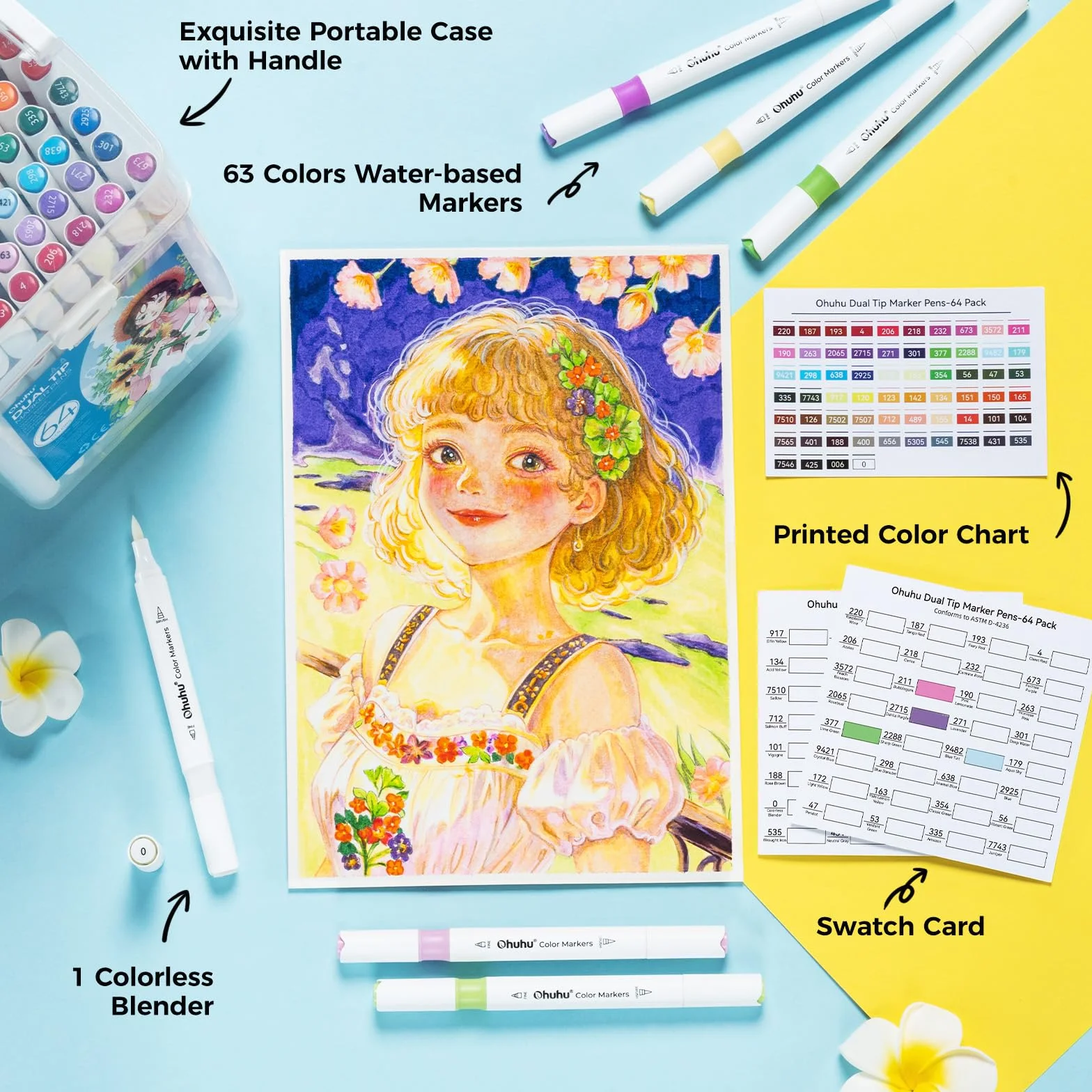 Ohuhu Set de 64 Marcadores de Doble Punta a Base de Agua (Pincel y Fina) - Para Manga, Dibujo y Arte, Incluye 1 Marcador Mezclador y Base de Almacenamiento, Sin Olor y No Tóxicos