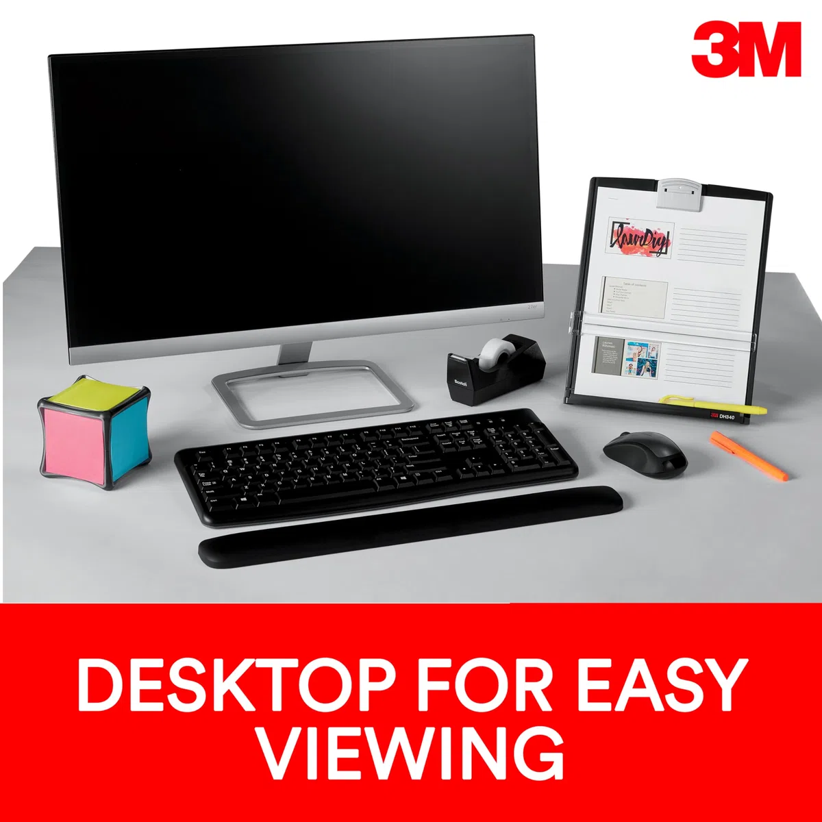 3M Soporte para documentos de escritorio, clip ajustable para documentos verticales y horizontales para una fácil visualización, la repisa inferior tiene borde para mantener hasta 150 hojas en su