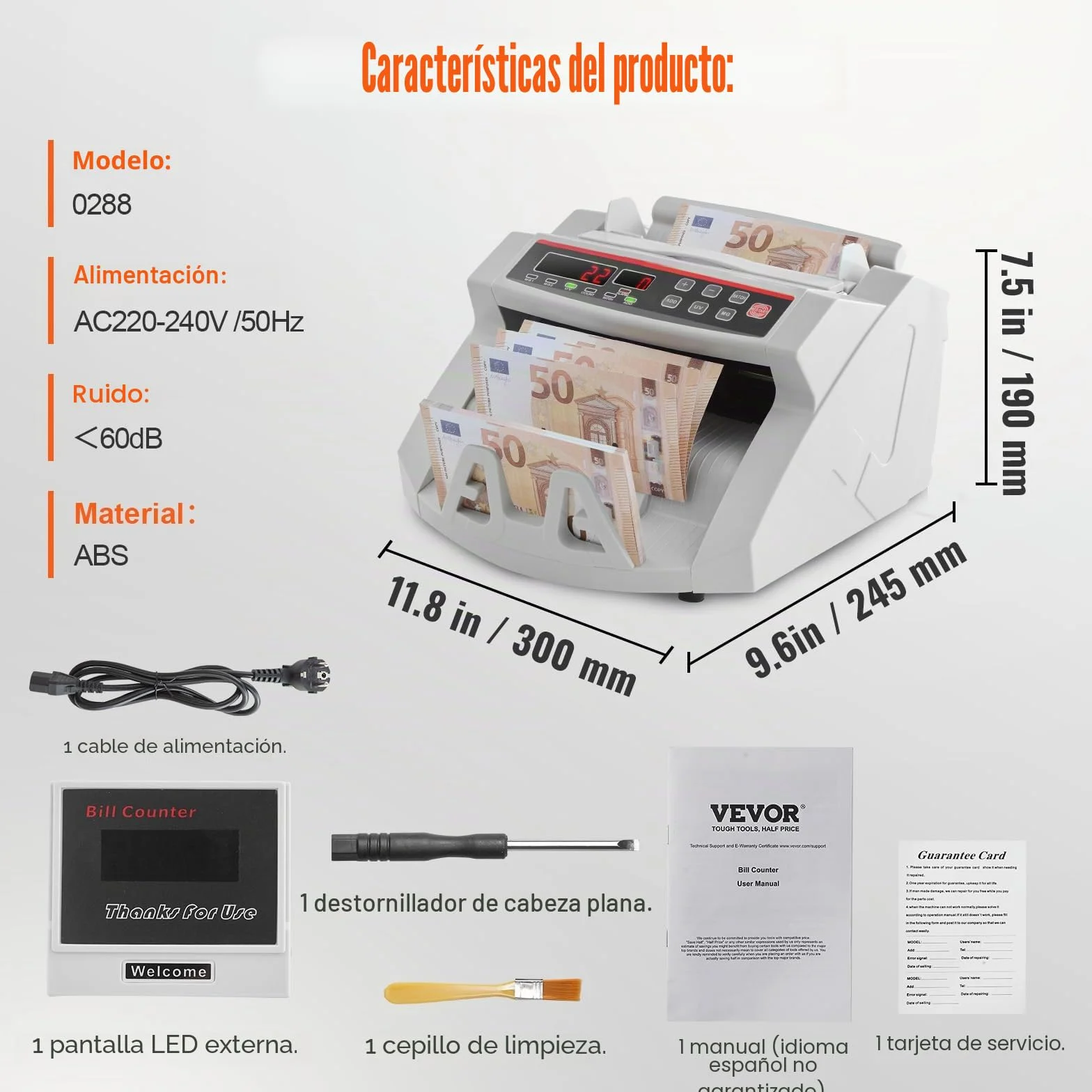 VEVOR Contador de billetes de dinero con pantalla LED contador de billetes profesional con detector de billetes falsos, UV/MG, 1000 billetes/minuto, solo cuenta el número de hojas