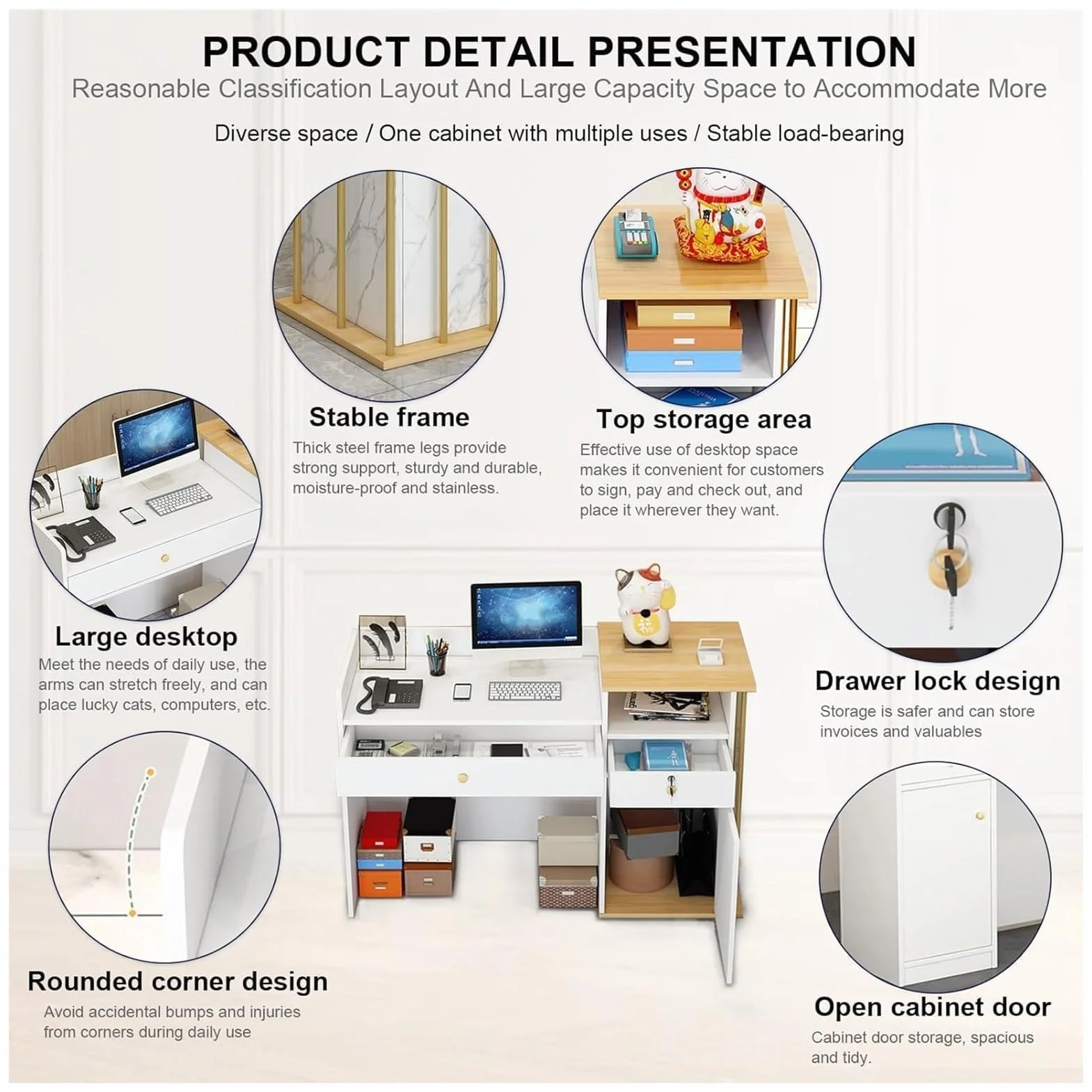 Mesa De Oficina Mostradores para Tiendas O Recepción Mueble Mostrador Recepcion Pequeño con Cajonera Y Espacios De Almacenamiento Alta Capacidad(C,140cm)
