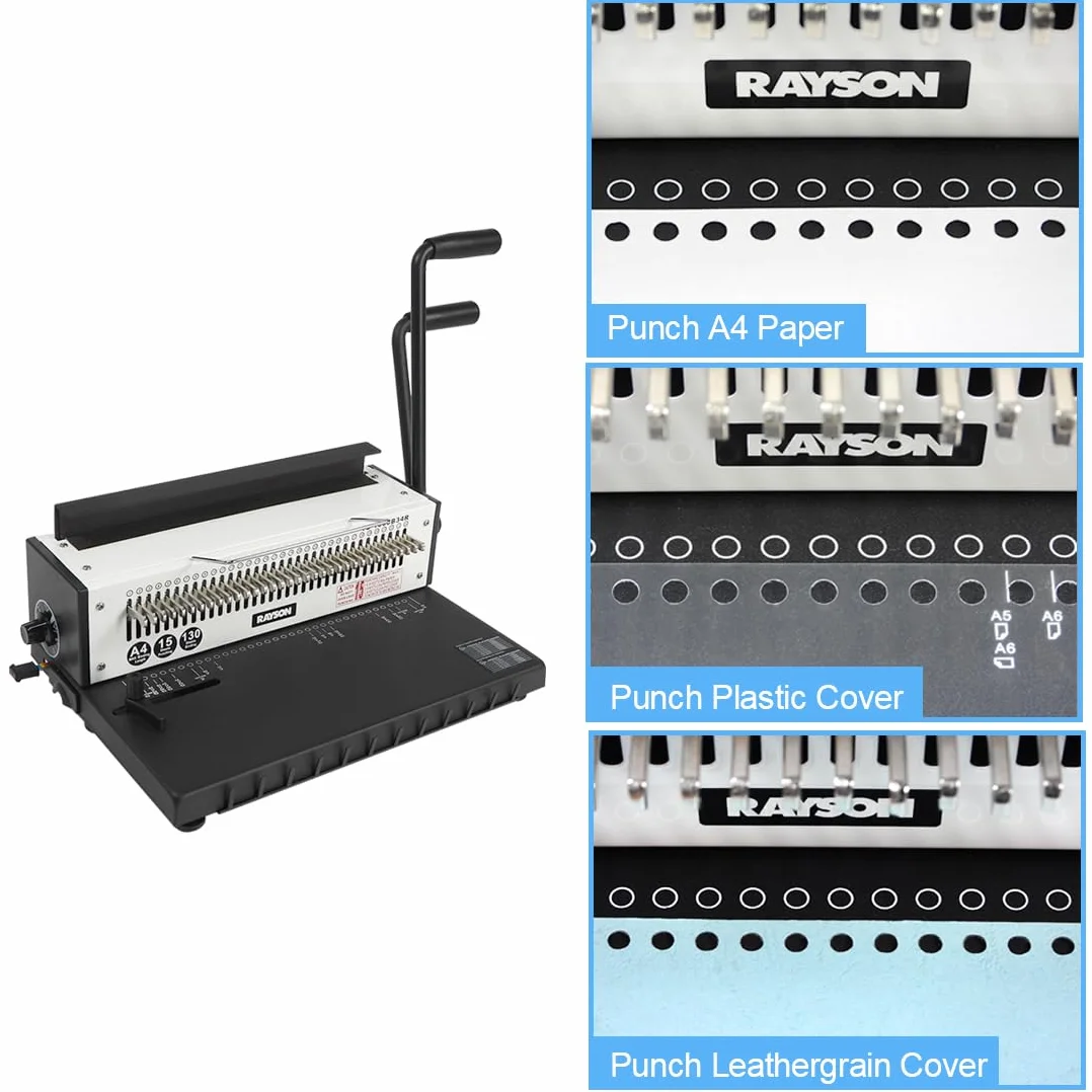 RAYSON TD-1500B34R Encuadernadora metálica de anillas, construcción metálica resistente, capacidad de encuadernación de 130 hojas/15 hojas, separación 3:1, A4, 34 agujeros