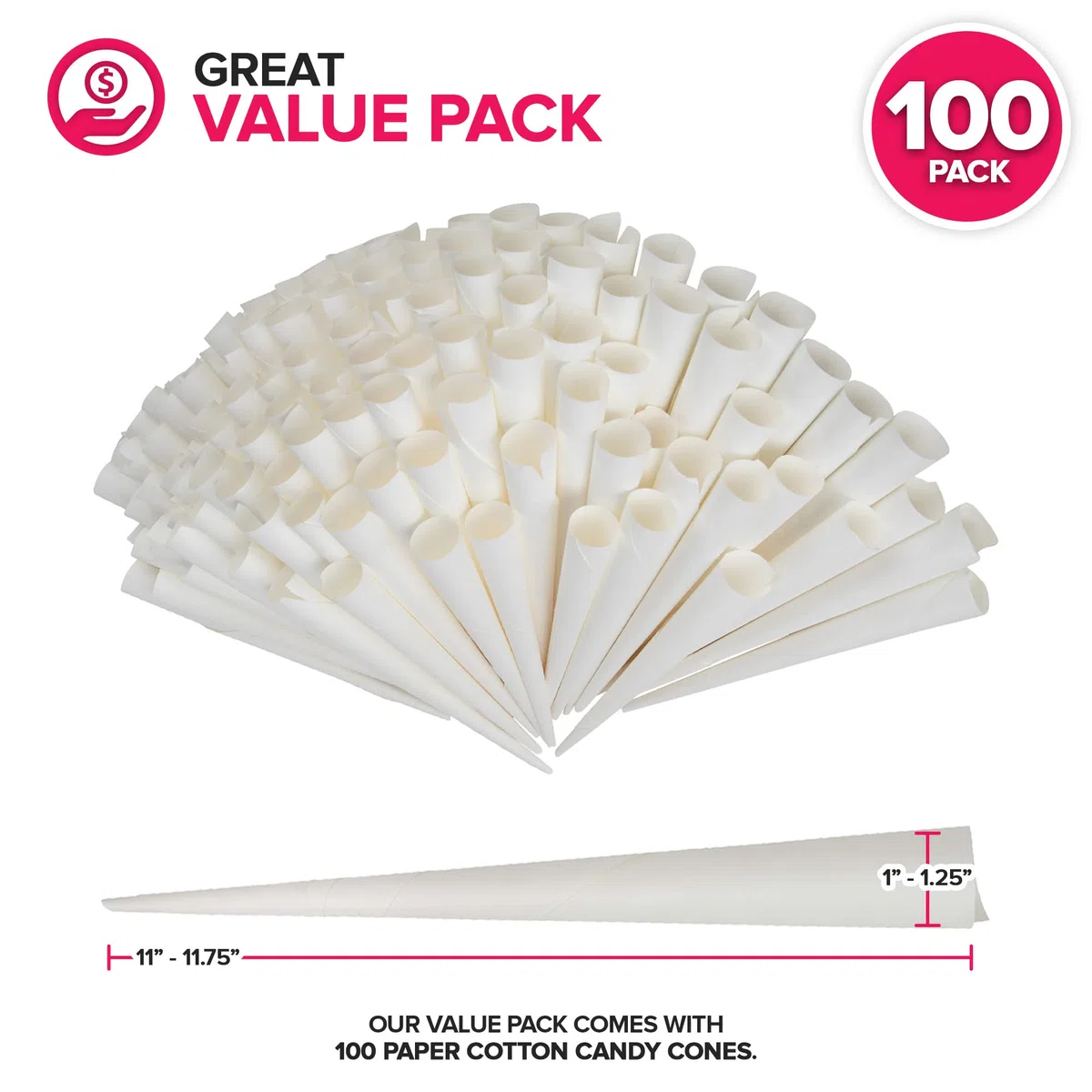 Conos de caramelo de algodón (paquete de 100) – Bastones de algodón blanco – Cono de caramelo de algodón de papel Kraft – Suministros de caramelo de algodón para hilo de azúcar – Conos para