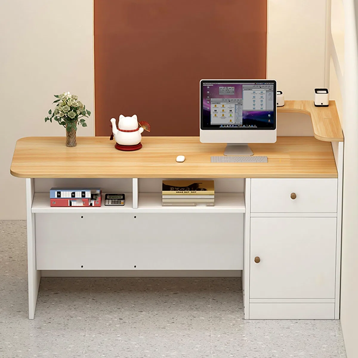 Mostrador de recepción con cajón y estantes Abiertos con Esquinas Redondeadas for Oficina, salón, Tienda y cafetería(Beige-Right,120cm)