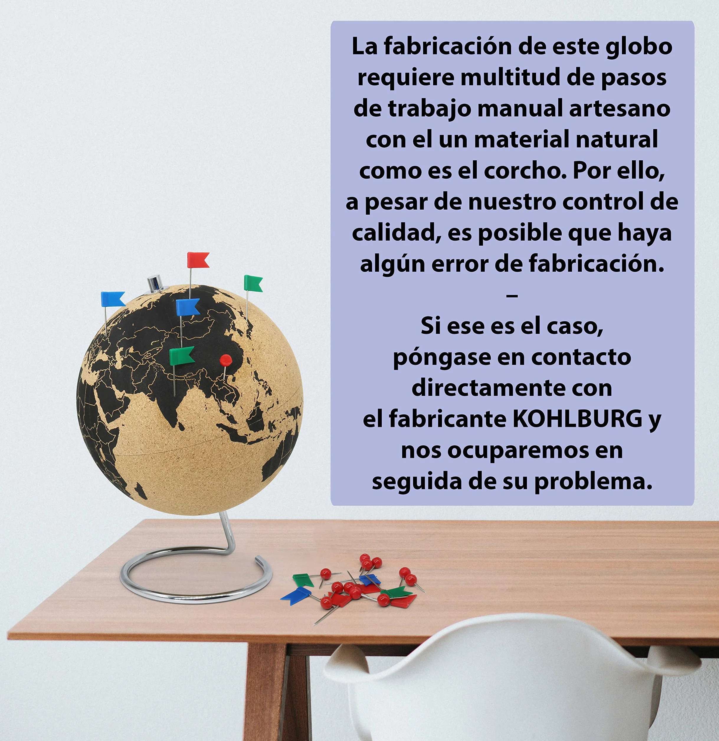 Globo terráqueo de corcho de 25 cm de alto con 54 chinchetas diferentes - Globo terráqueo giratorio hecho de corcho - como idea de regalo para los amantes de los viajes
