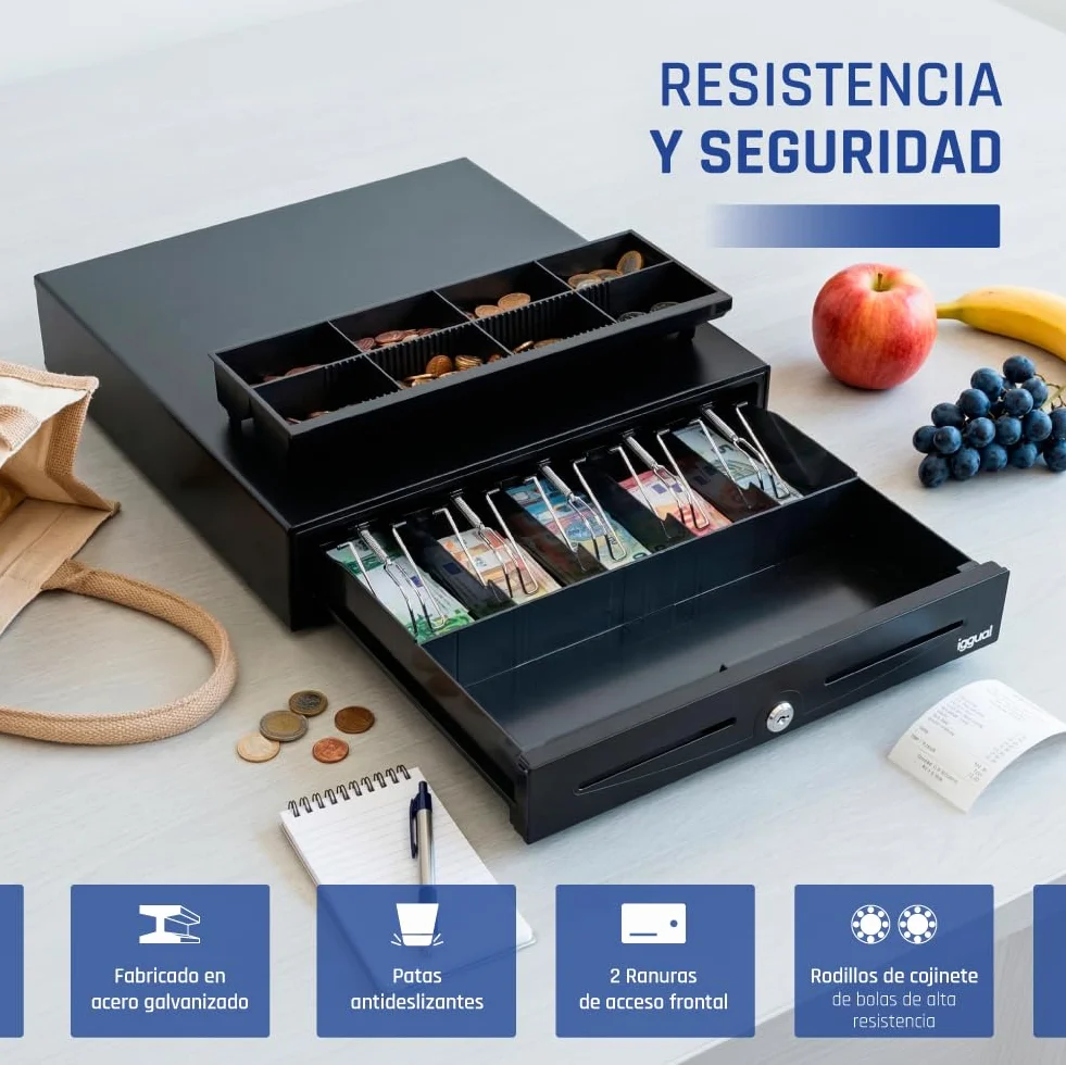 iggual - Cajón Portamonedas IRON-70 -Caja Efectivo Registradora Manual o Automática para 5 Billetes y 8 Moneda -Cerradura 3 Posiciones -Material Acero+Plástico -Uso profesional -Negro (44,5x42,5x 9)
