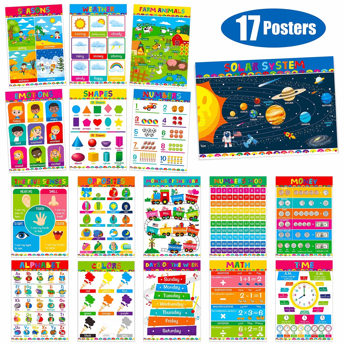 Gethelud 17 Paquetes de Carteles Educativos, Herramientas de Aprendizaje Cubiertas con Película PET para Jardín de Infancia, 40 cm x 28 cm